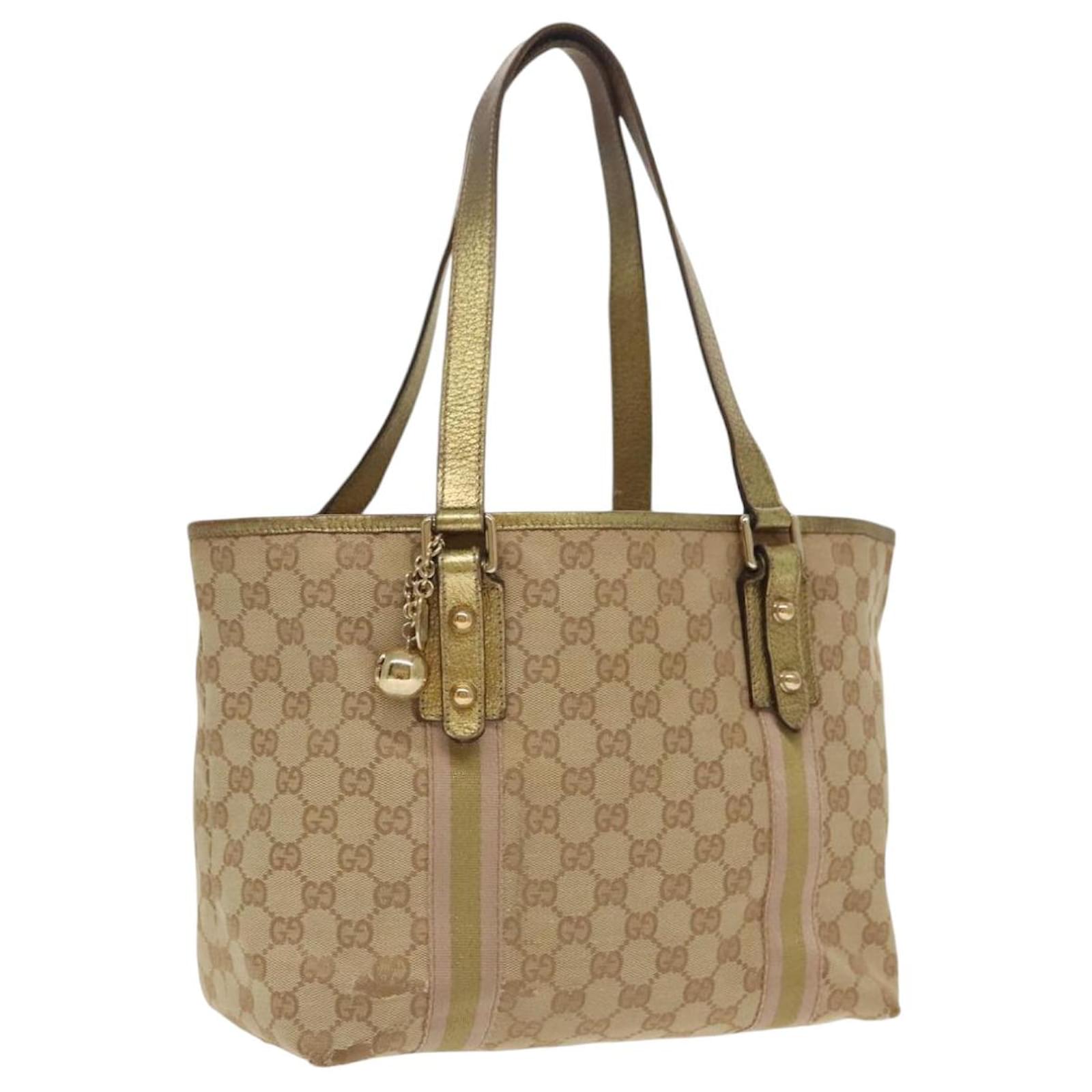GUCCI GG Canvas Sherry Line Tote Bag Beige Gold pink 137396 Auth