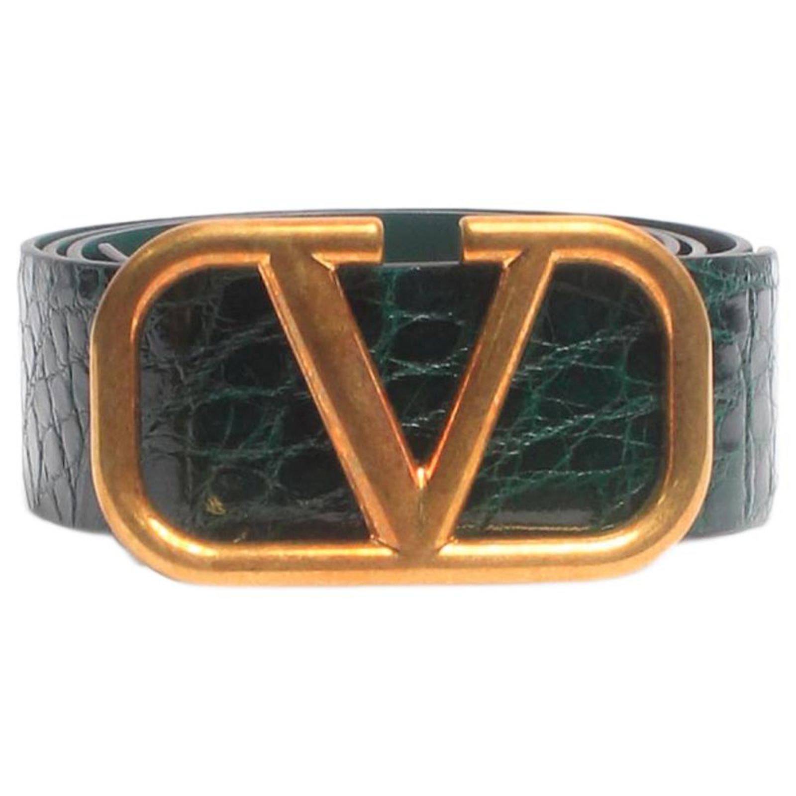 Valentino Dark Green Belt with Gold V Buckle VALENTINO Belt Leather V Logo Gold Buckle Monogram Medium  main image 2
