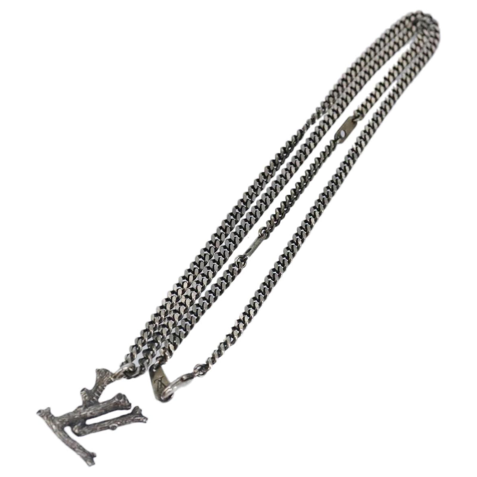 LOUIS VUITTON LV Holz Halskette Metall Dunkel Silber MP2818 LV Auth 87375