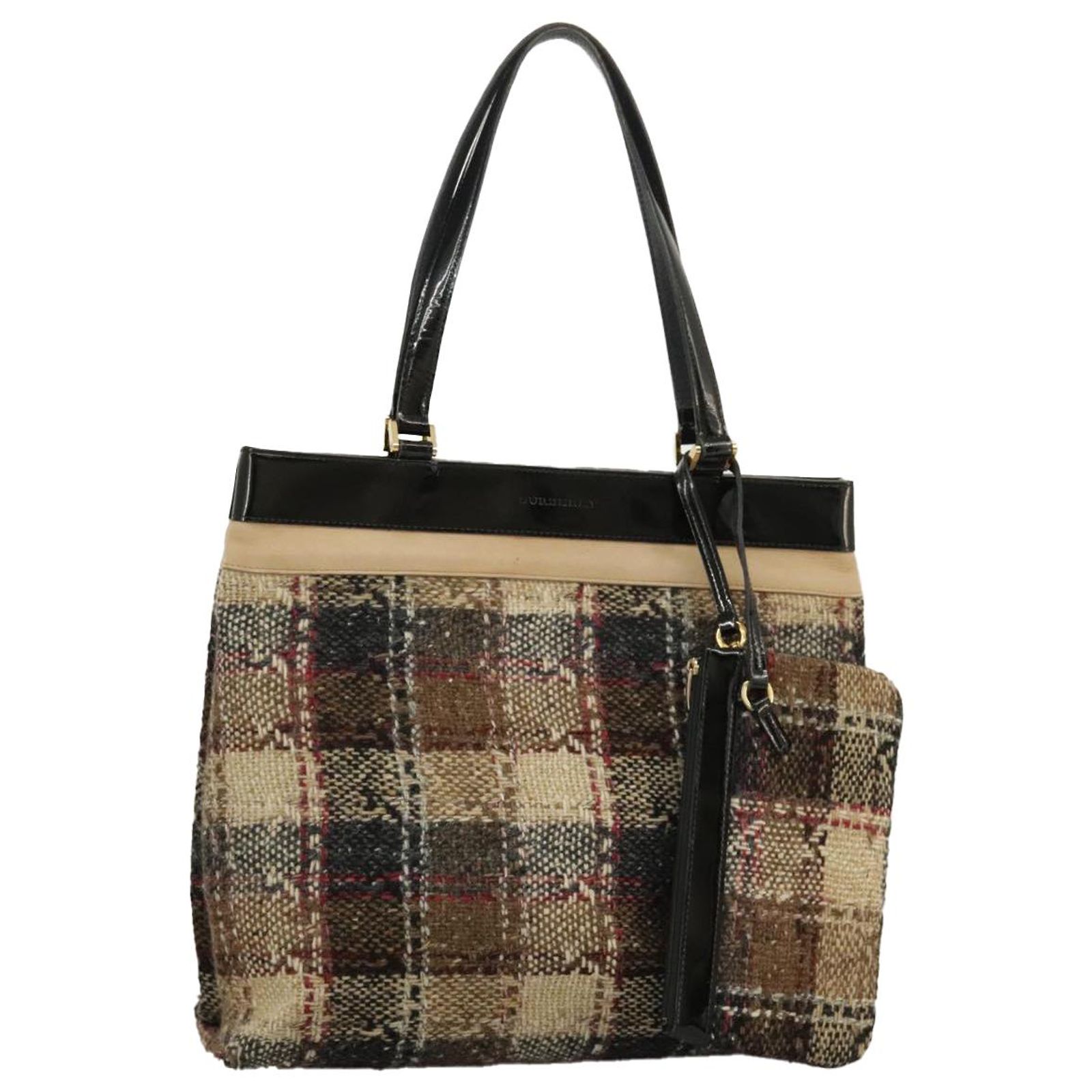 BURBERRY Nova Check Tote Bag Wool Leather Beige Black Gold  display picture 2