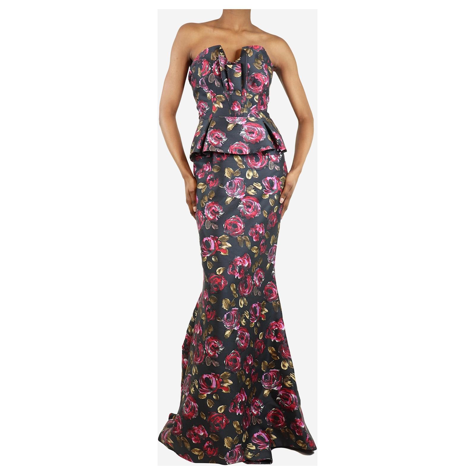 Oscar de la Renta Multicoloured strapless rose print gown size