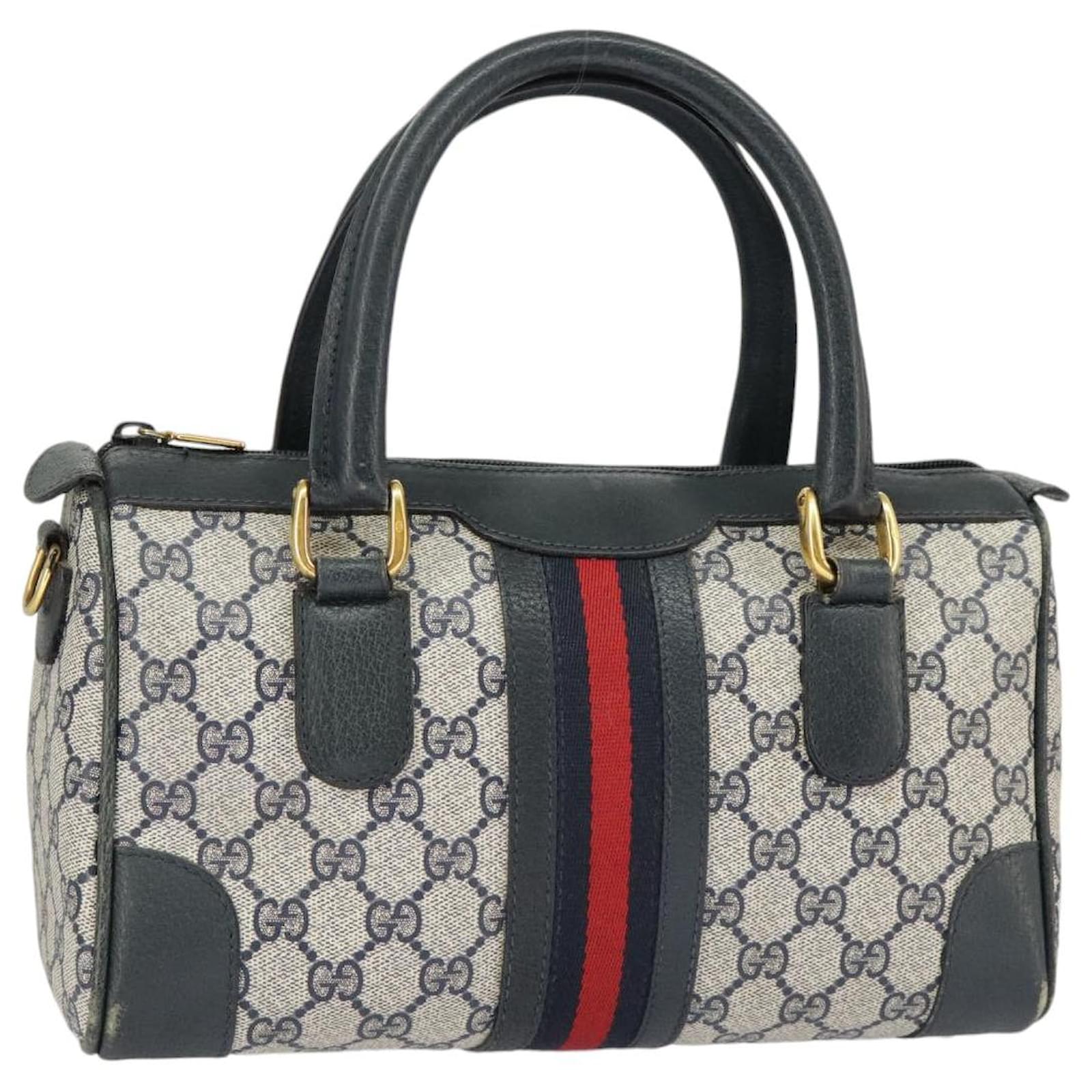 GUCCI GG Supreme Sherry Line Hand Bag PVC Navy Gold Red 002 39