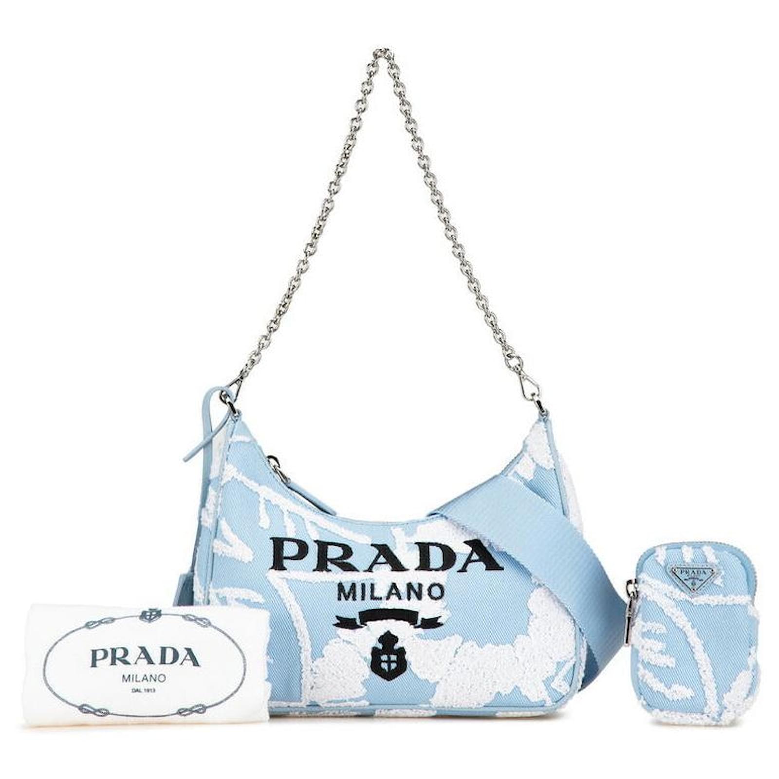 プラダ 刺繍 リエディション2000 2wayバッグ ライトブルー Prada Re-Edition 2000 Embroidery Canvas 2way Bag Blue Cloth