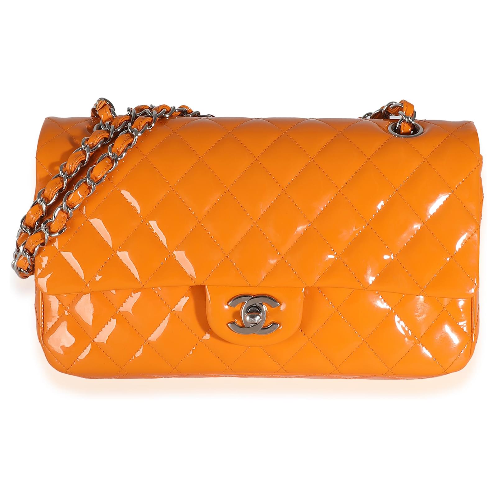 Chanel Orange Quilted Patent Medium Classic Double Flap Bag