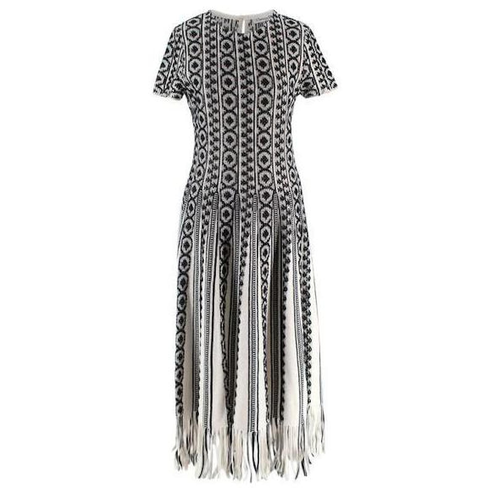 Christian Dior Dior Black And White Printed Midi Dress with Fringe Detail Linen ref.1847341 - Joli Closet Christian Dior Dior Black And White Printed Midi Dress with Fringe Detail Linen ref.1847341 - Joli Closet