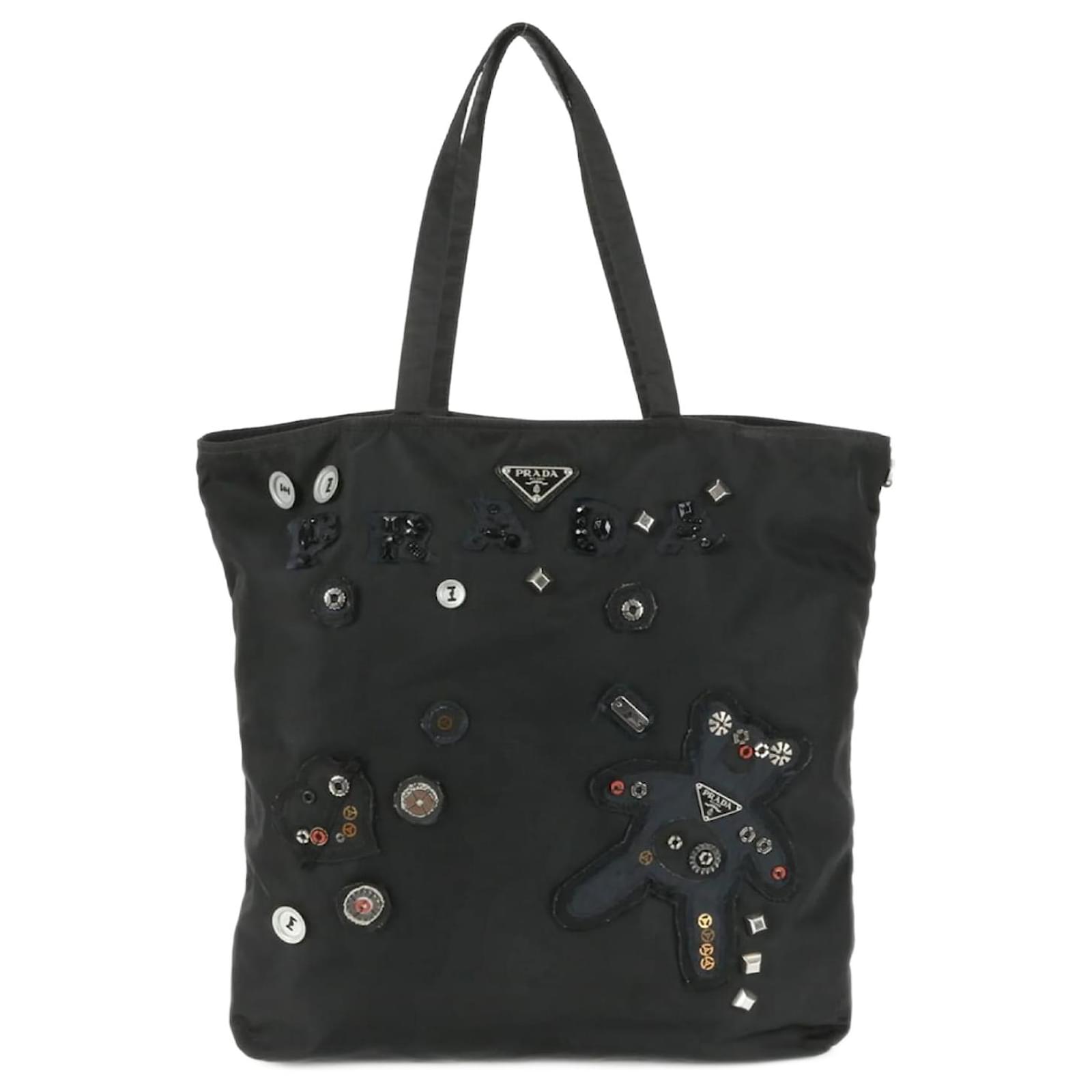 Prada Tessuto Nylon Tote Bag Black Leather ref.1847368