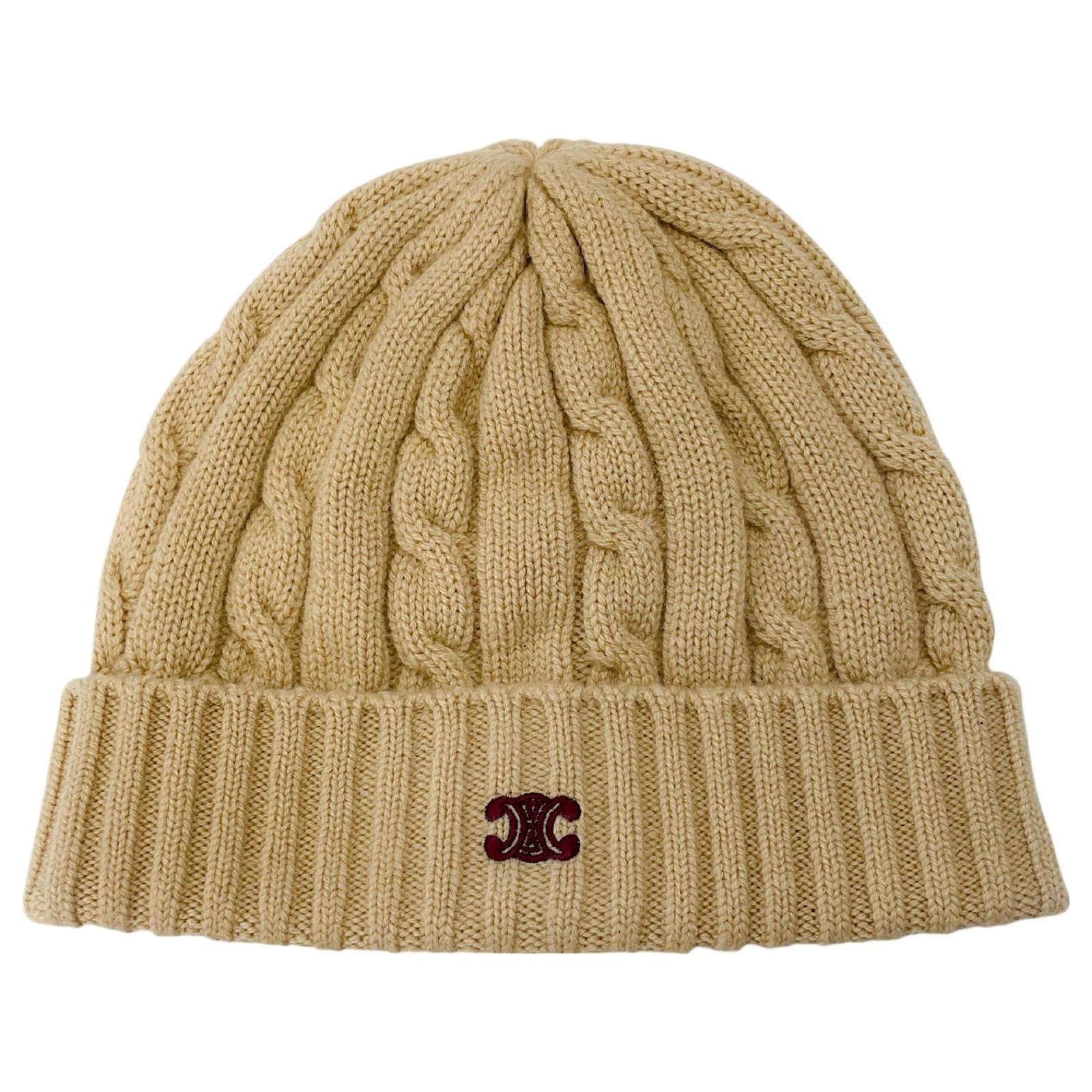 Céline Celine Tan Cable Knit Cashmere Triomphe Beanie Hat Camel