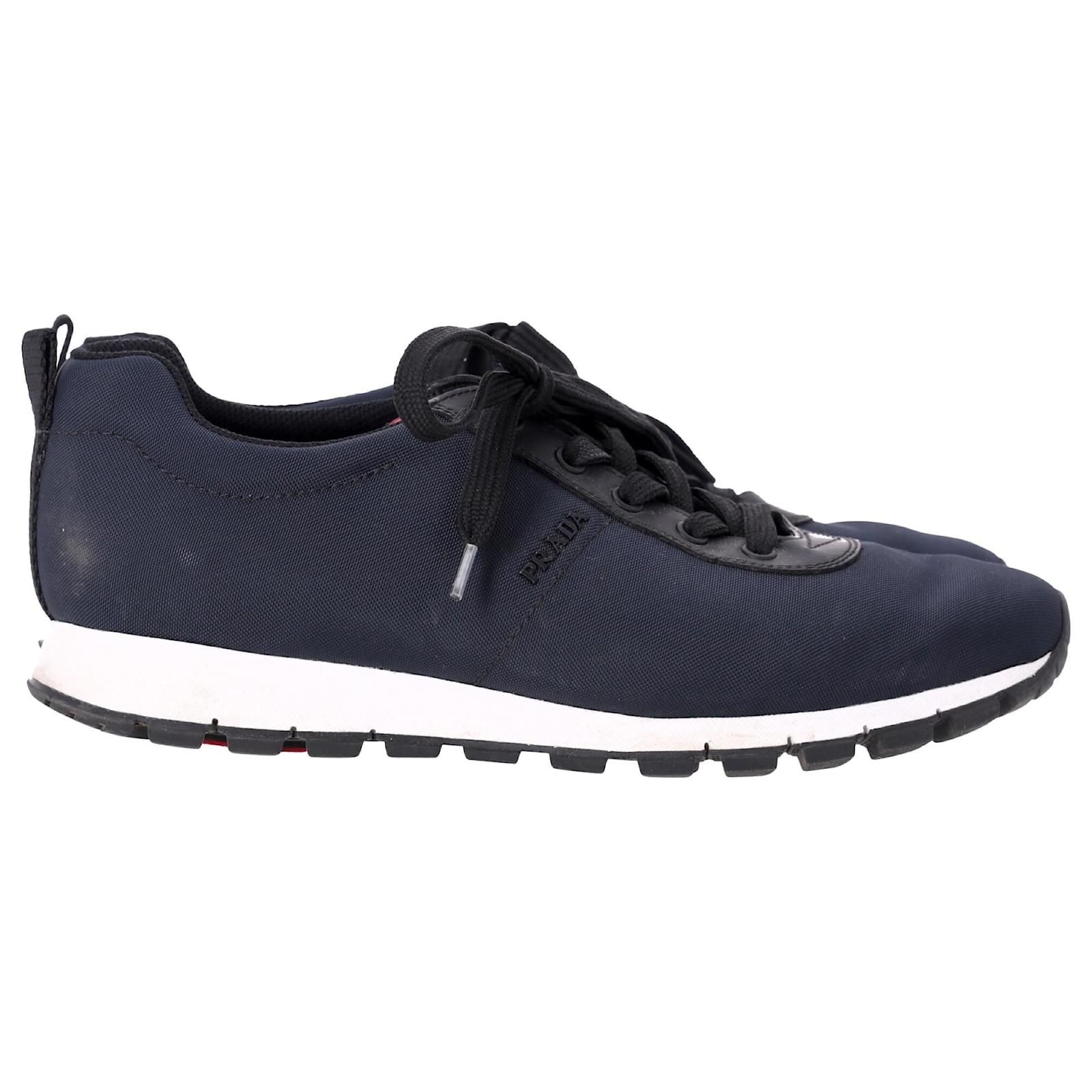 Prada Sport Low Top Lace Up Sneakers in Navy Blue Canvas and