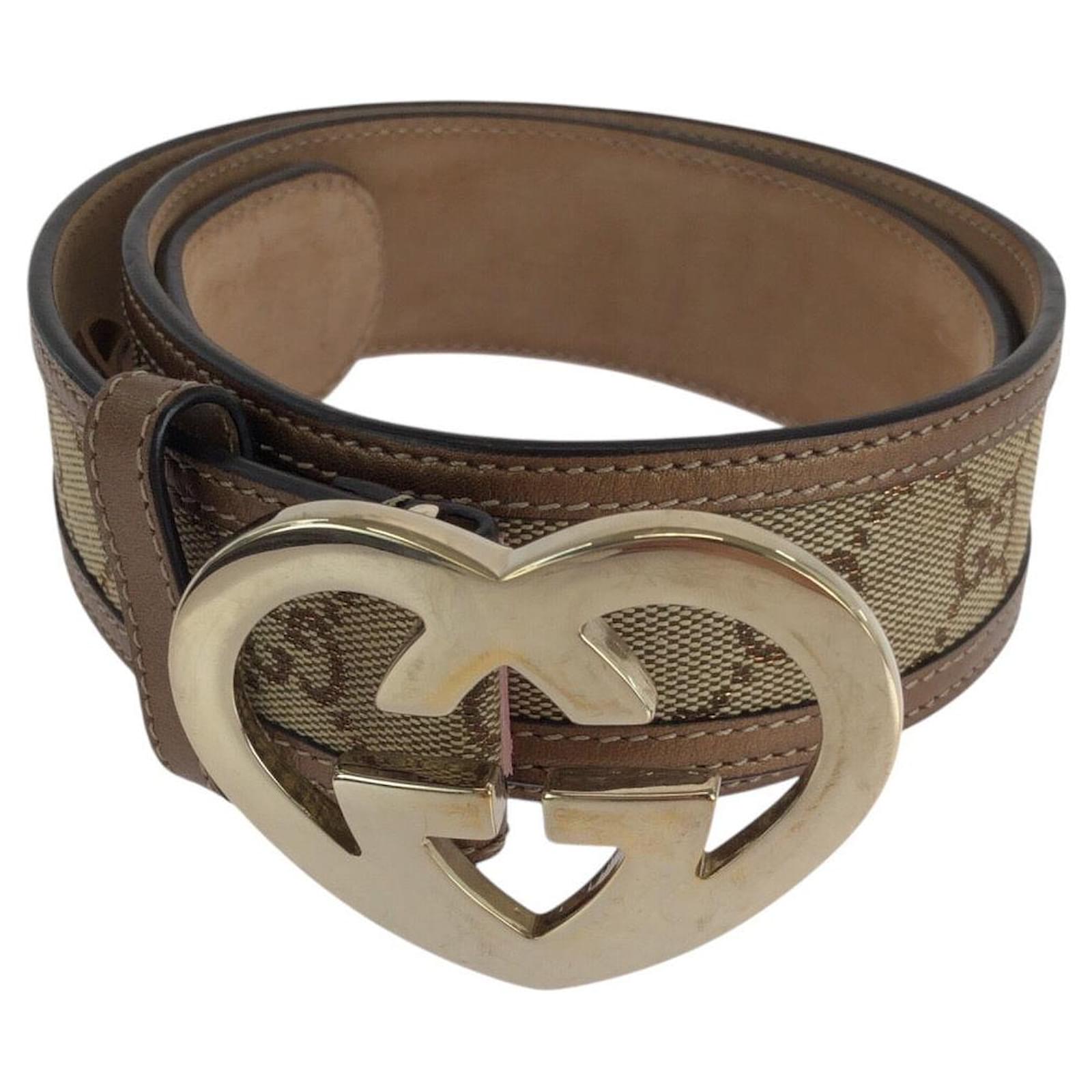 Gucci Heart Locking GG Canvas Leather Belt Brown Cloth