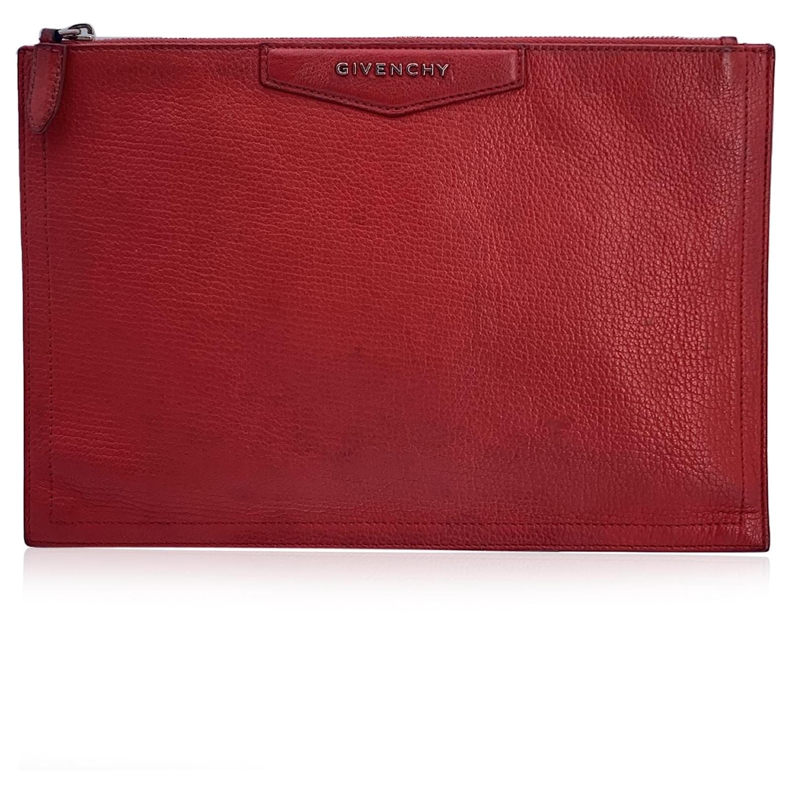 Givenchy Red Leather Antigona Zip Clutch Pouch Purse