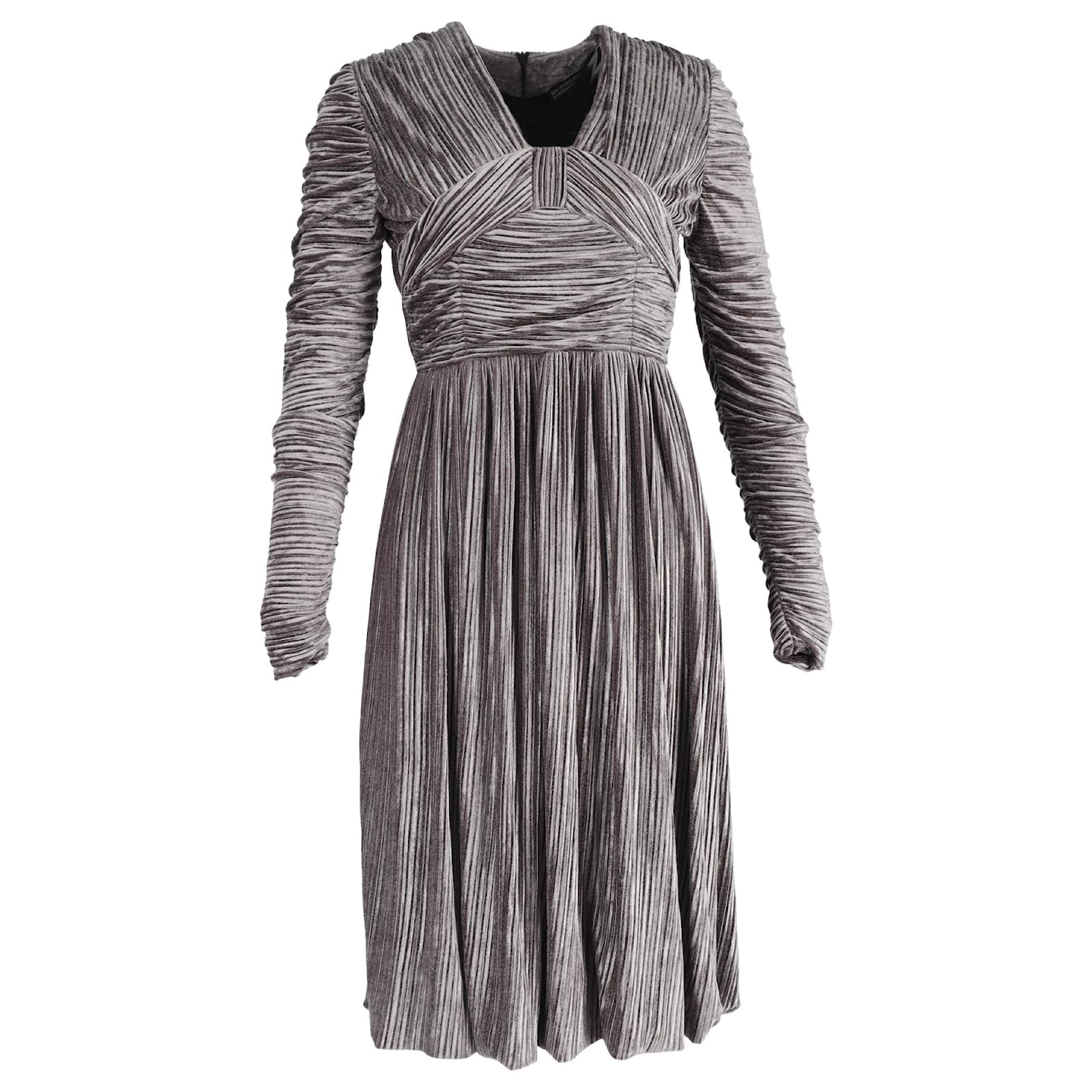 Burberry Pleated Knee-Length Long Sleeve Dress in Grey Velvet ref
