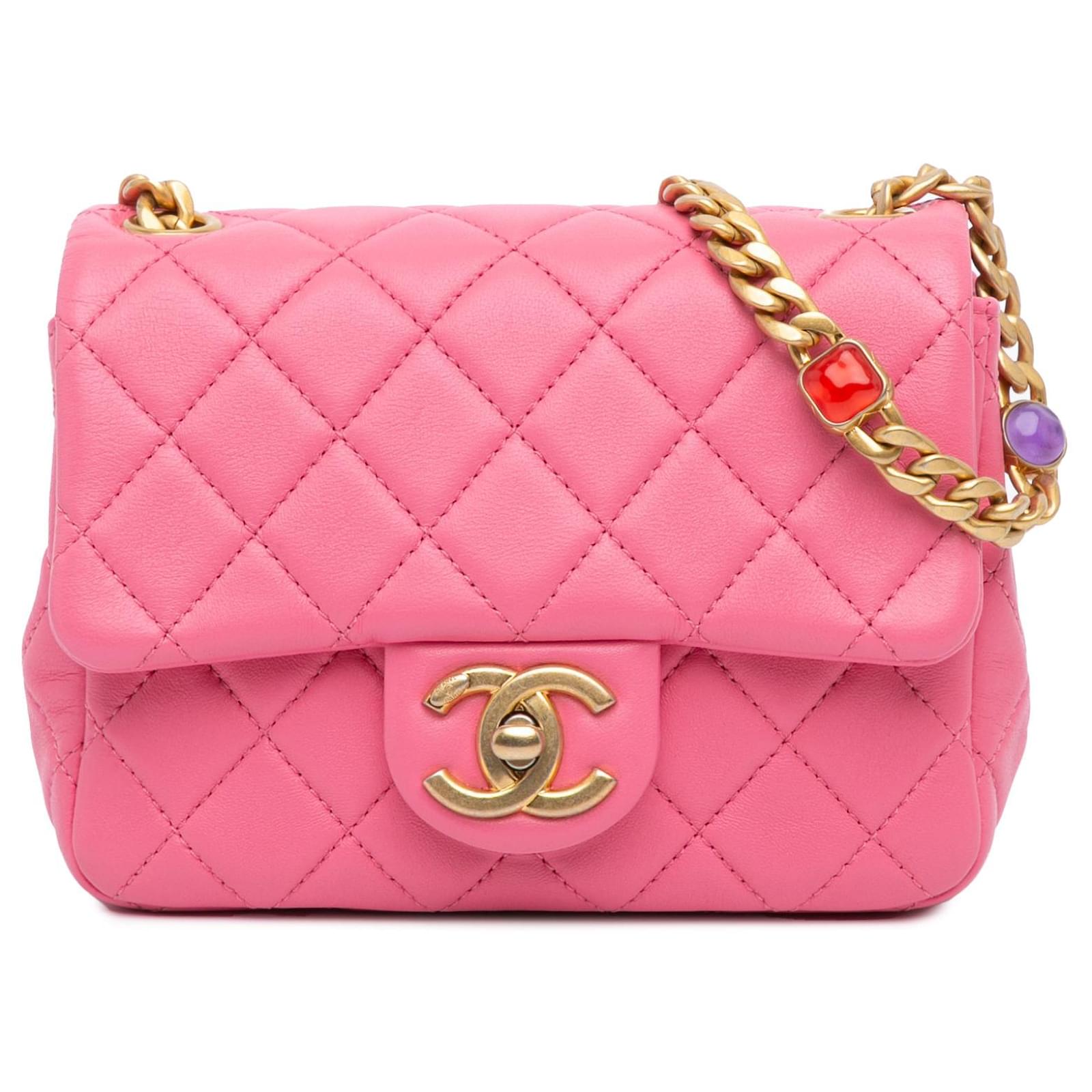 Pink Chanel Mini Square Lambskin Pearl Samba Flap Crossbody Bag
