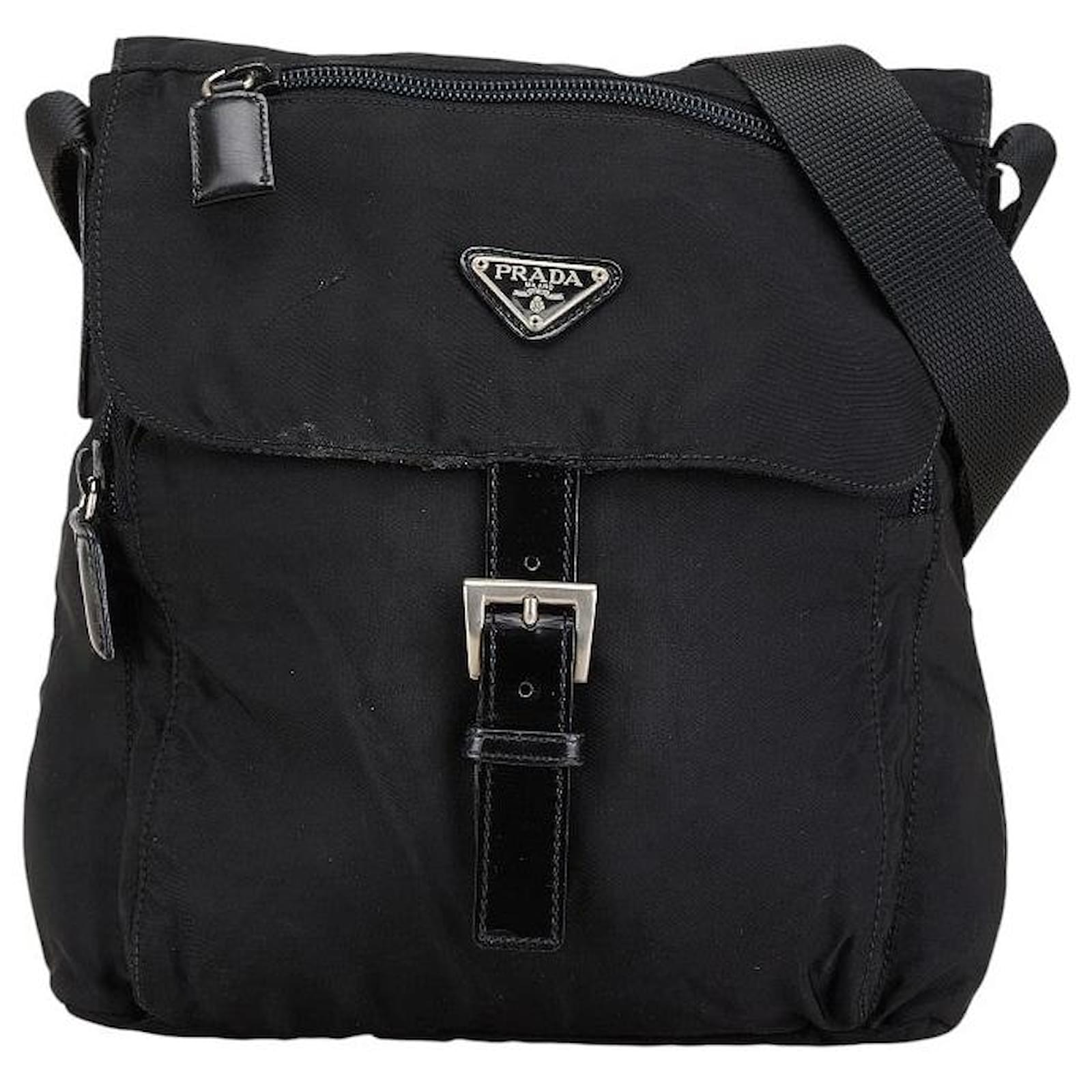 Prada Triangle Logo Plate Nylon Leather Shoulder Bag Black Cloth