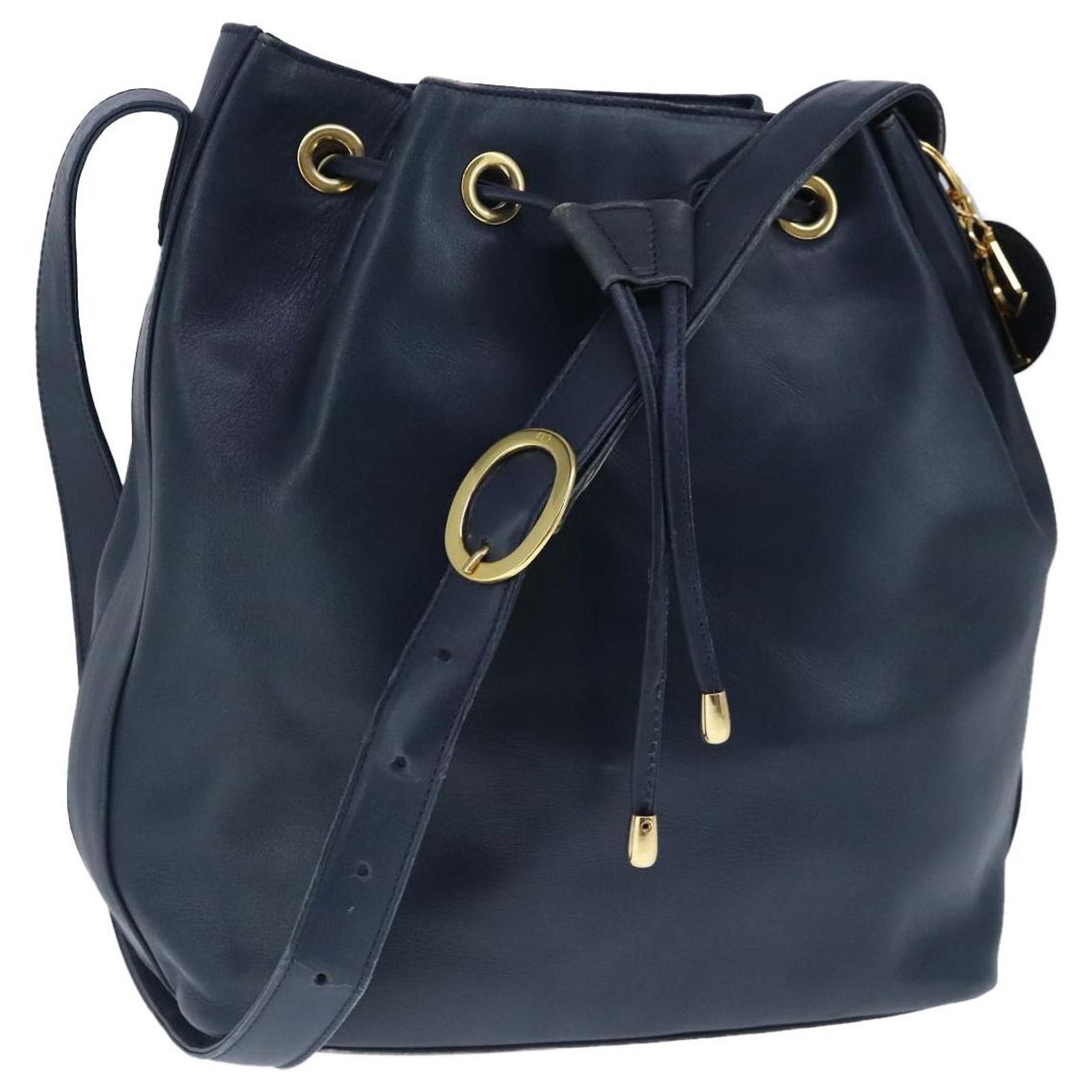 Christian Dior Shoulder Bag Leather Navy Gold Auth 101190 