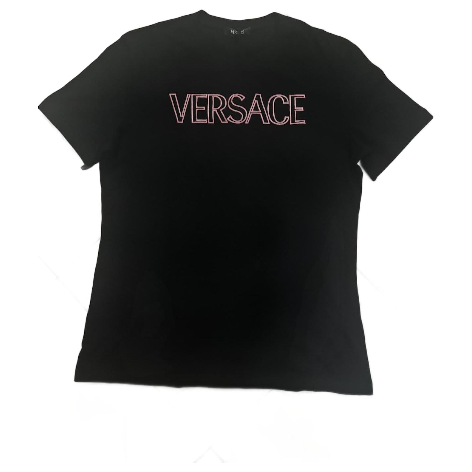 Versace Logo Print T-shirt Black Pink Cotton Elastane ref