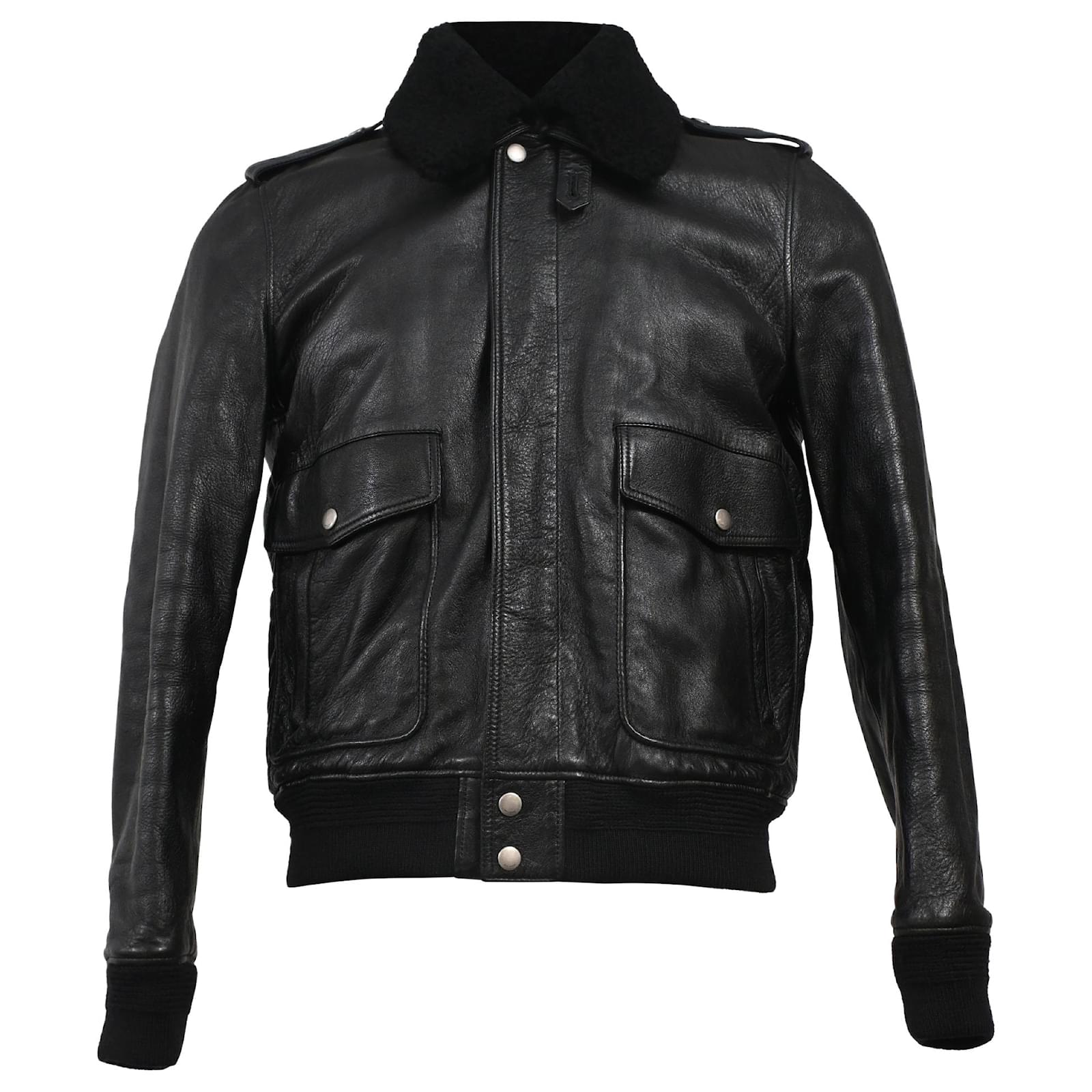 【関税&送料込】Saint Laurent Black Leather And Shearling Ja Saint Laurent Shearling Collar Aviator Bomber Jacket in