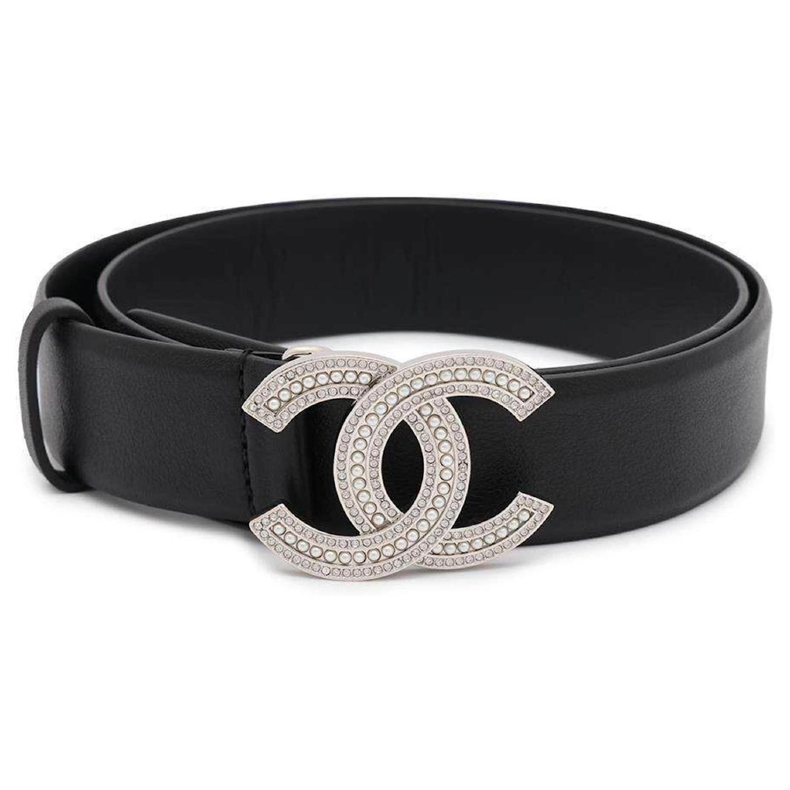 Chanel Black Leather Belt with Faux Pearl and Rhinestone ref