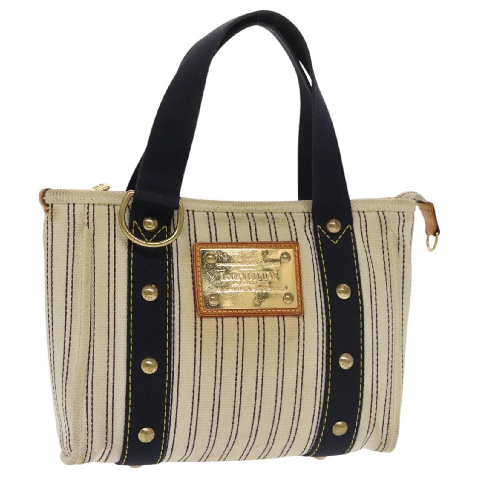 LOUIS VUITTON Antigua Cabas PM Tote Bag White Navy M40134 LV Auth