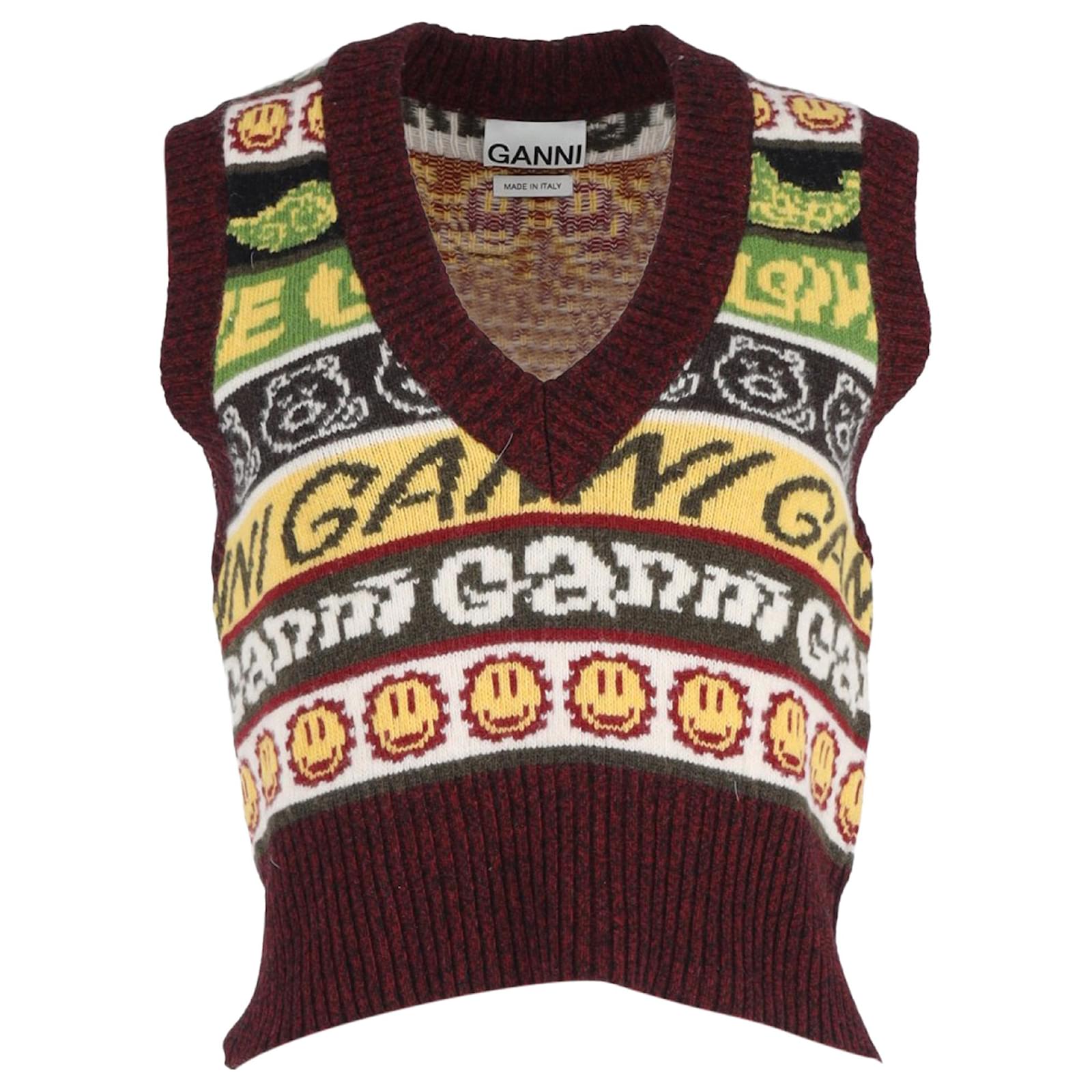 Ganni Smiley Face Sweater Waistcoat In Multicolor Recycled Wool