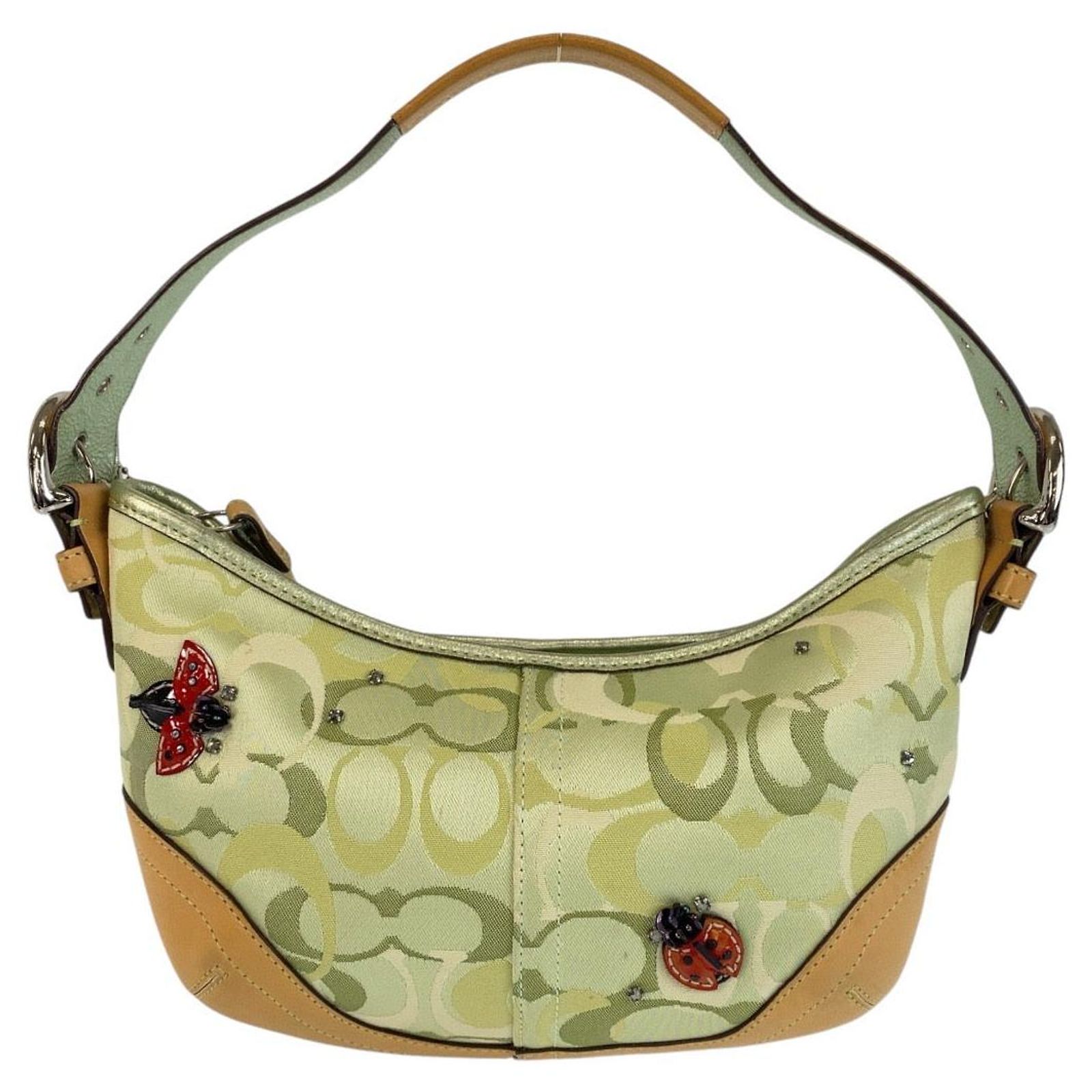 Coach Signature Ladybug Canvas Leather Handbag Green Cloth ref 