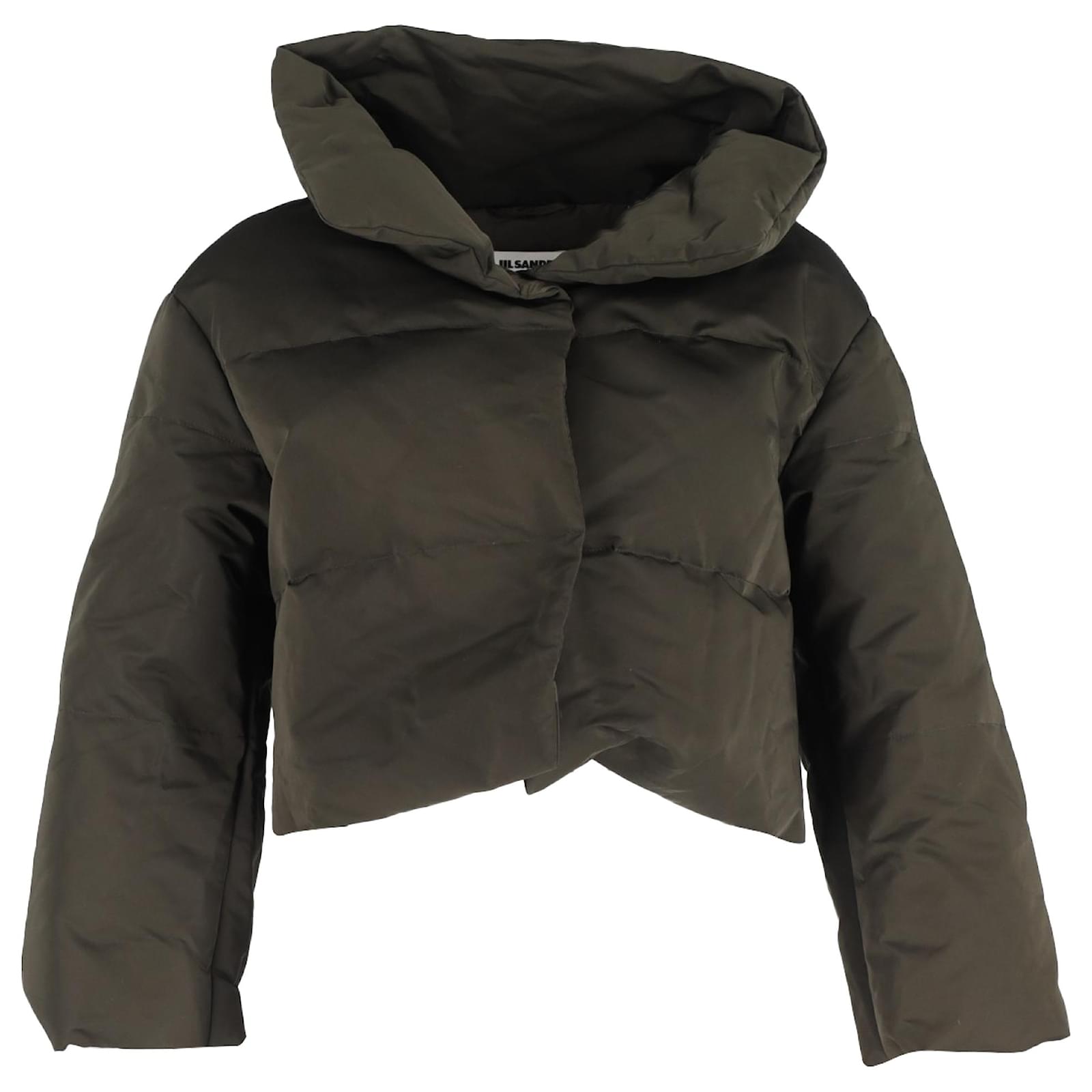 Jil Sander Cropped Puffer Jacket in Green Nylon Olive green