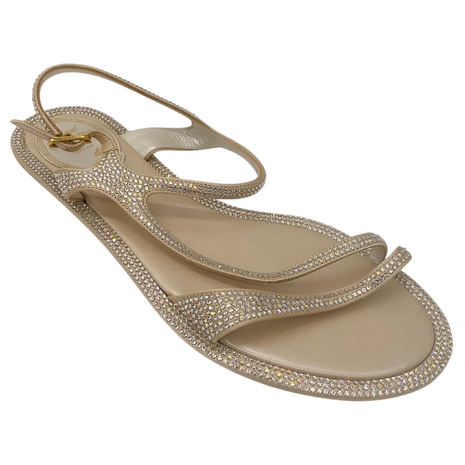 Sandales plates à bride de cheville en cristal métallisé champagne