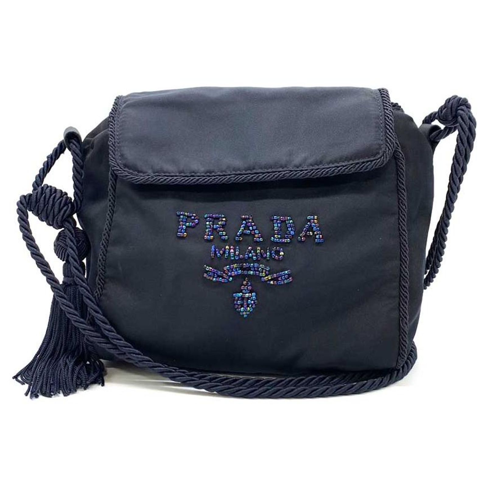 Prada Nylon Mini Shoulder Bag Dark Navy Logo Beads Embroidery Blue 