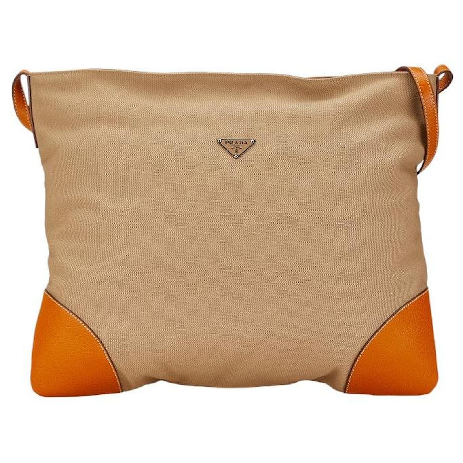 Prada Canvas Leather Triangle Logo Plate Shoulder Bag Brown Beige 