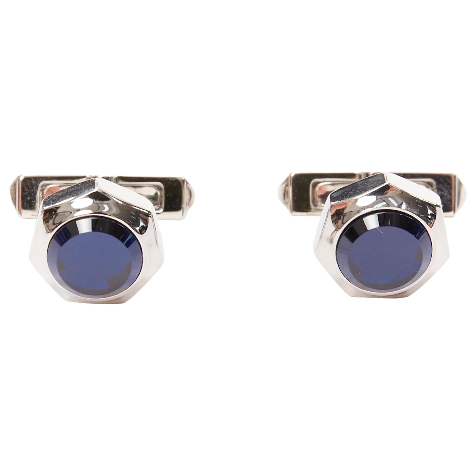Cartier Watch Crown Decor Sterling Silver Blue Stone Cufflinks