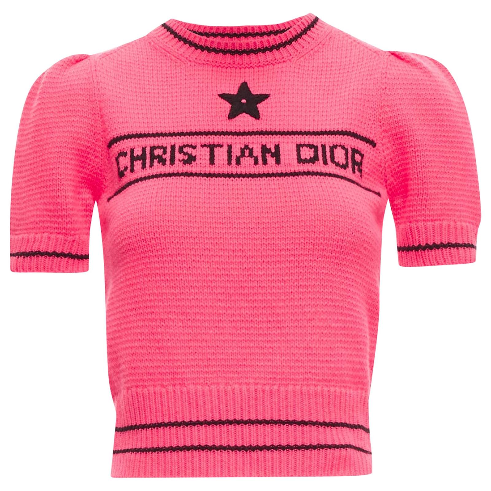 Christian Dior Cashmere Logo Puff Sleeve Crop Sweater Pink Wool