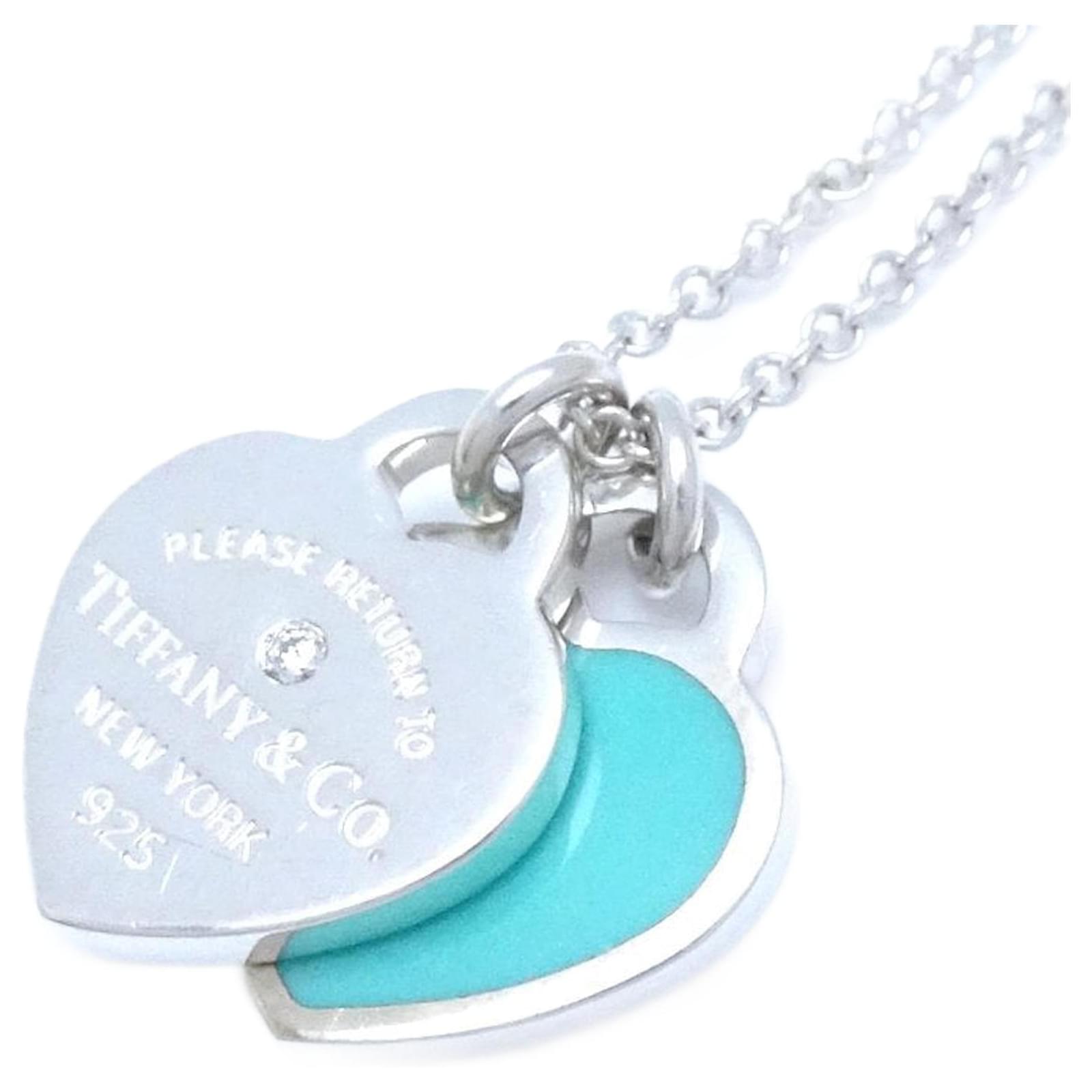 Tiffany & Co Silver 925 Diamond Double Heart Necklace Blue