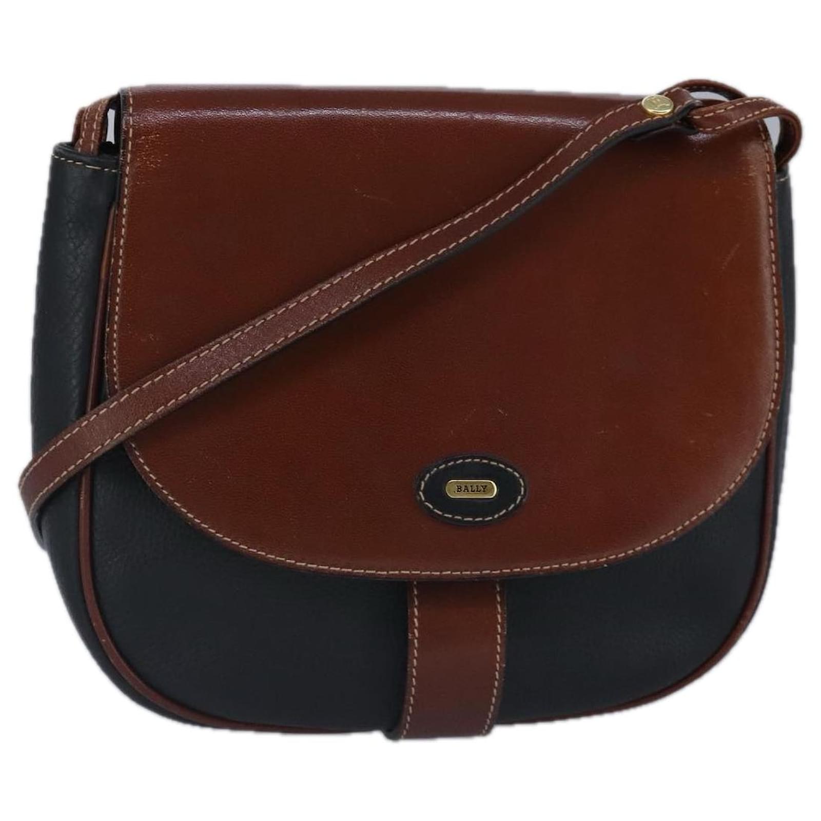 BALLY Shoulder Bag Leather Black Brown Auth ti2367