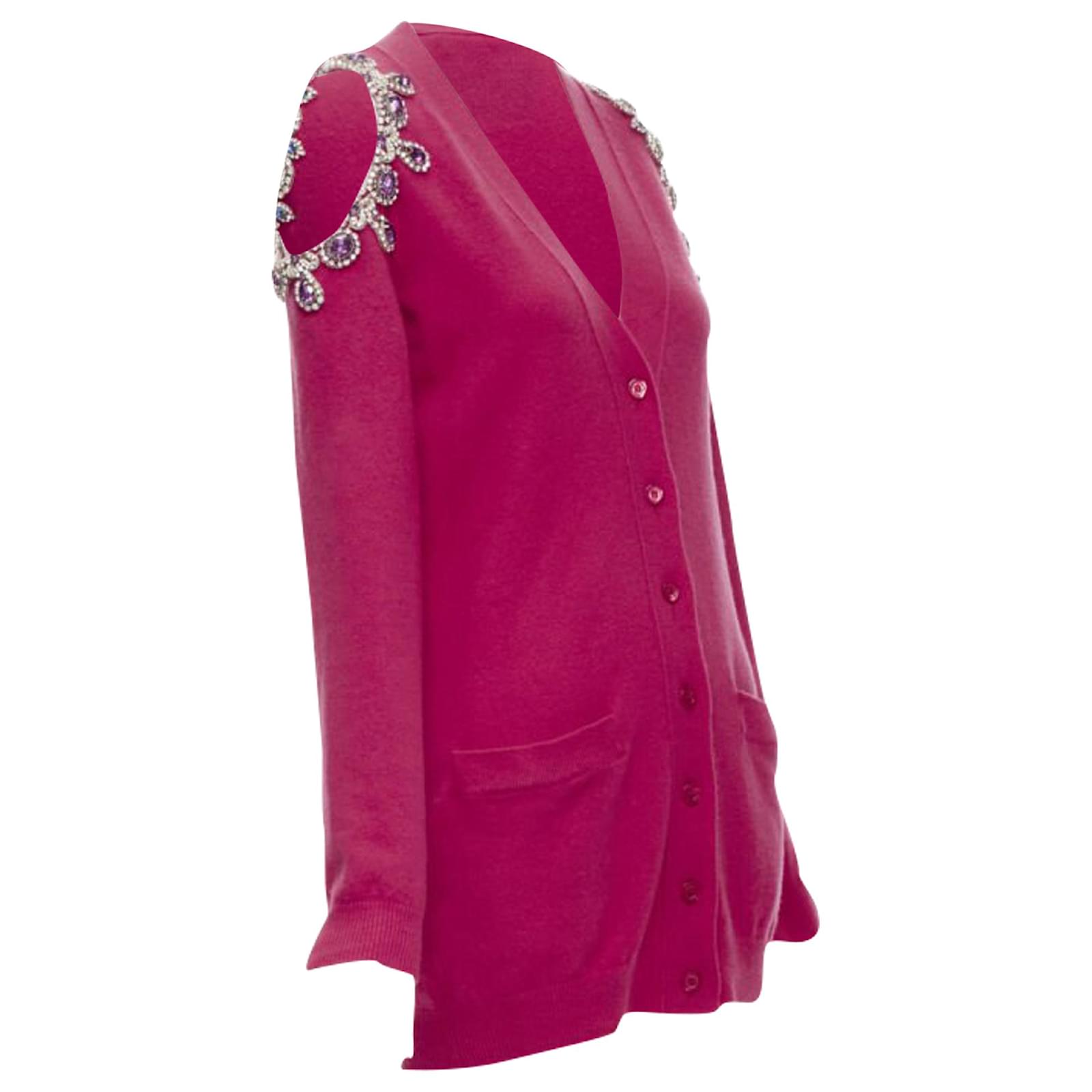 Bottoni Gioiello Maglione Corto Fucsia Cardigan In Cashmere Con