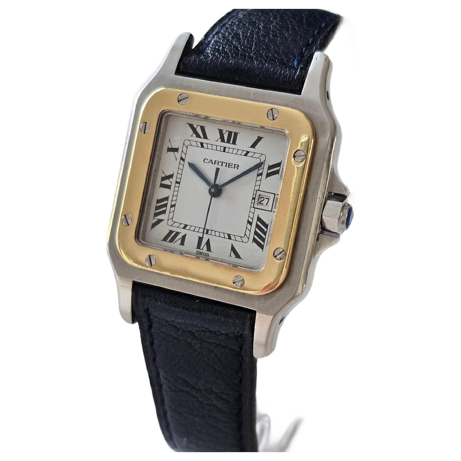 Cartier Santos Carrée 2961 Silvery Golden Navy blue Leather Steel