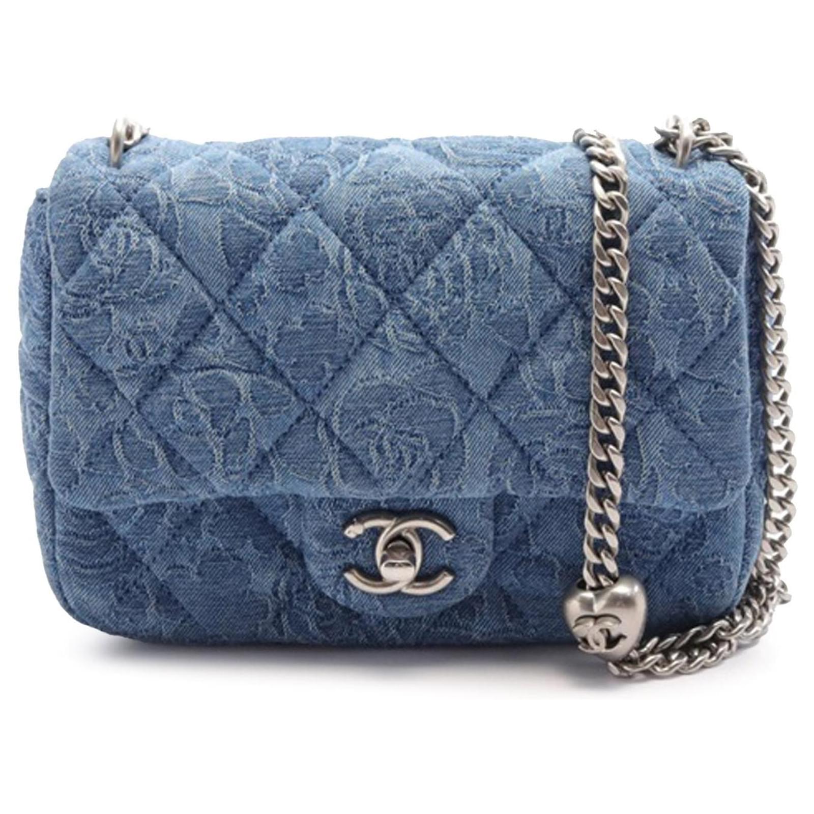 Blue Chanel Mini Quilted Denim Camellia Sweetheart Flap Crossbody