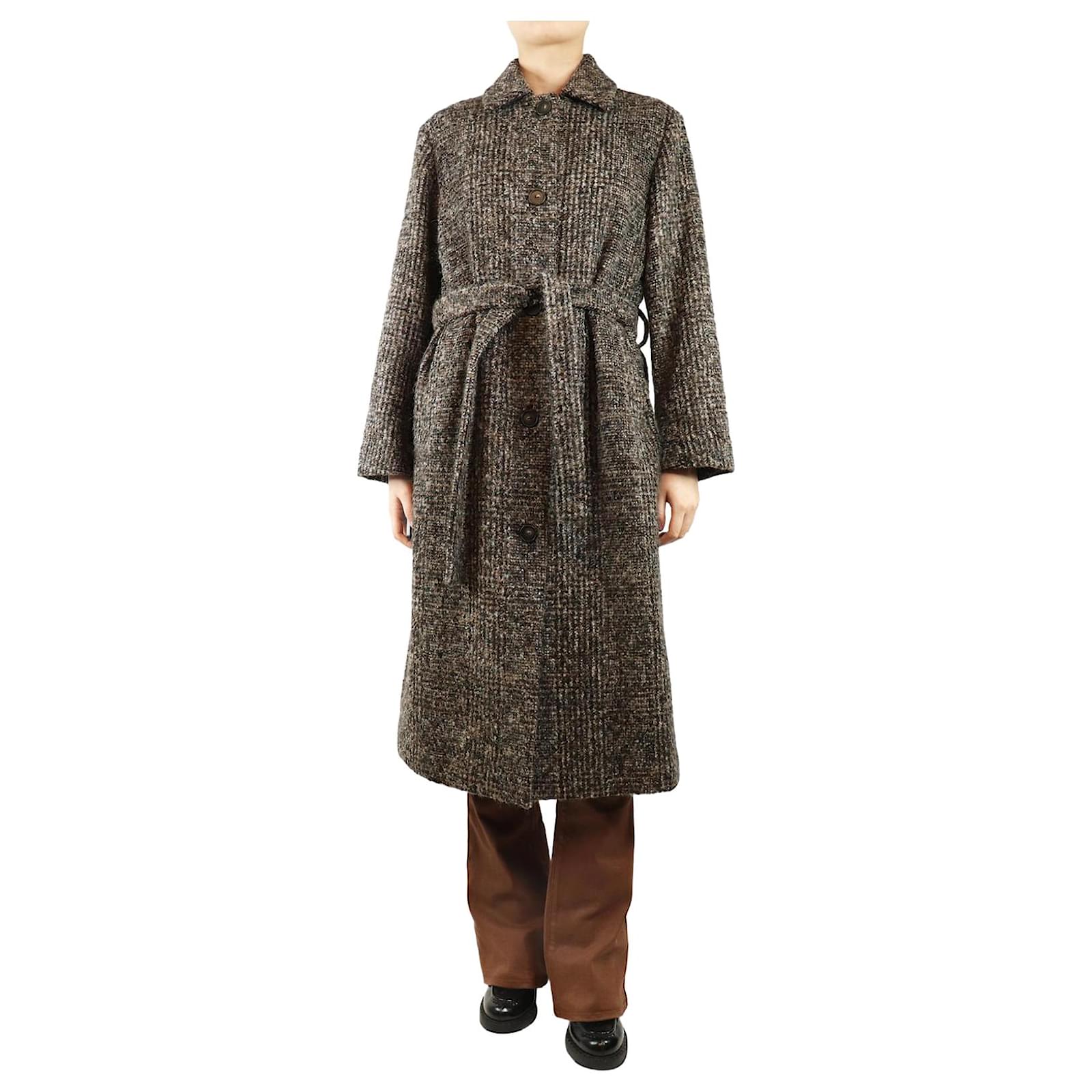 Vince Brown belted check wool-blend coat size S