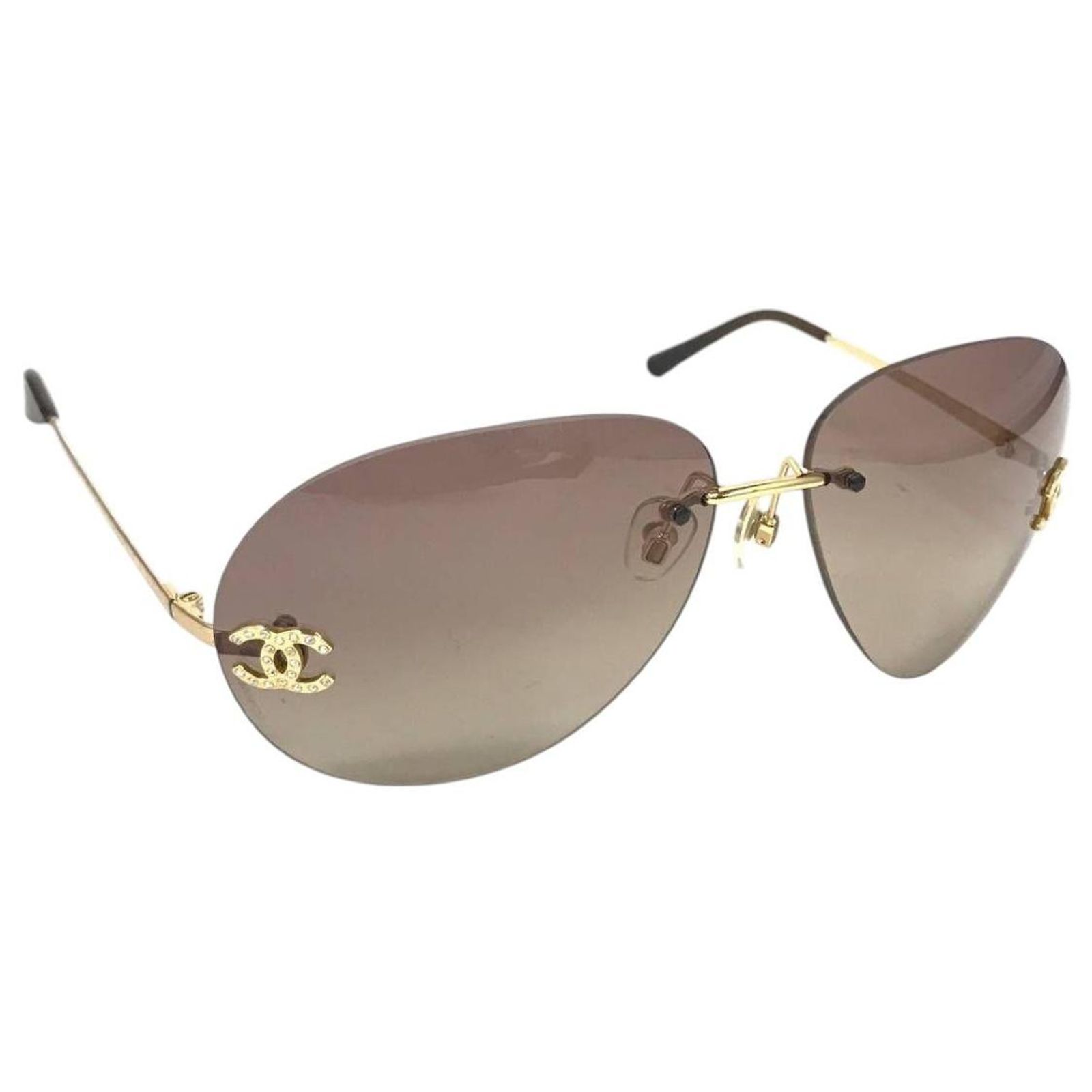 Chanel CC Logo Aviator Rhinestone Brown Tinted Gold  display picture 3