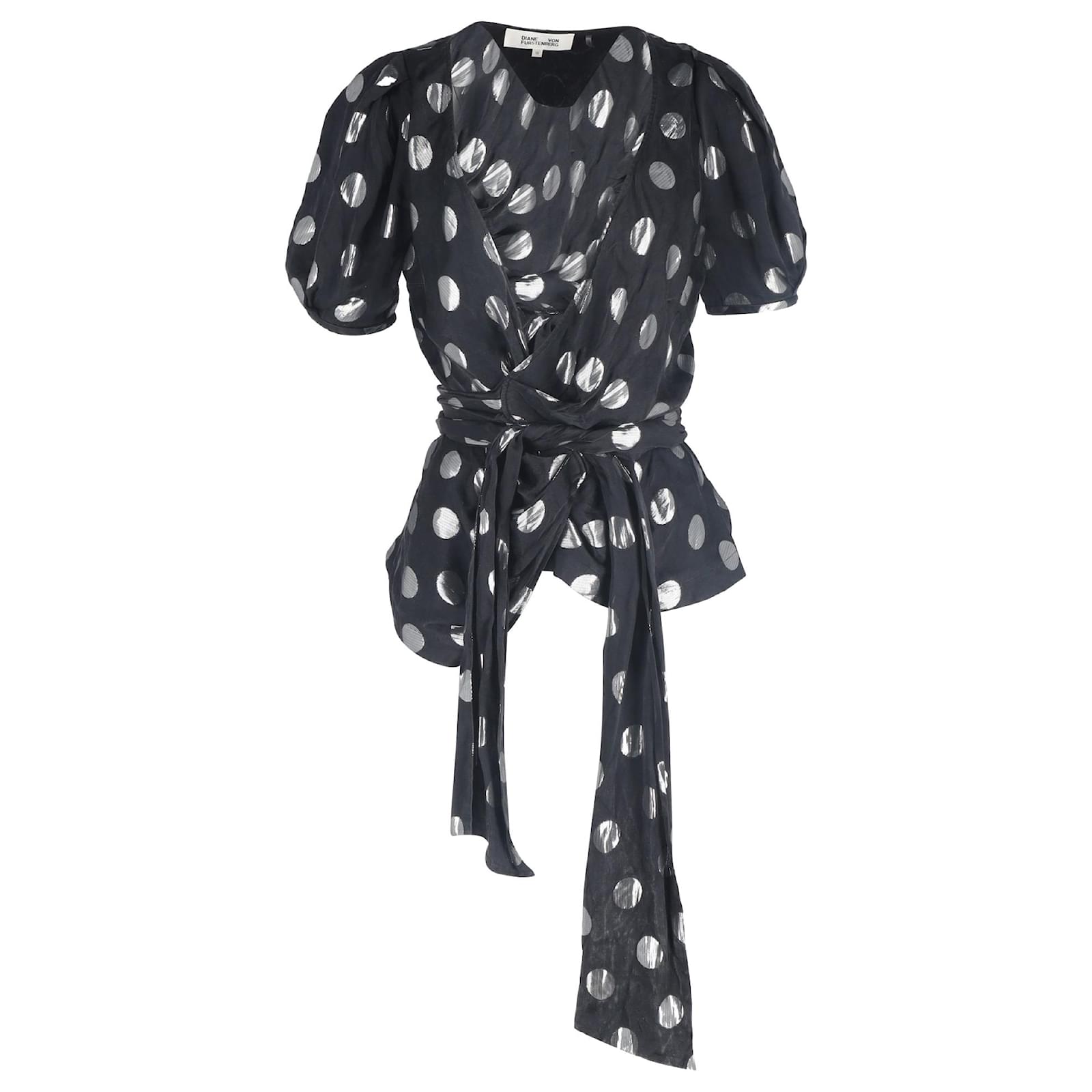 Diane Von Furstenberg Larryn Polka Dot Wrap Blouse in Black