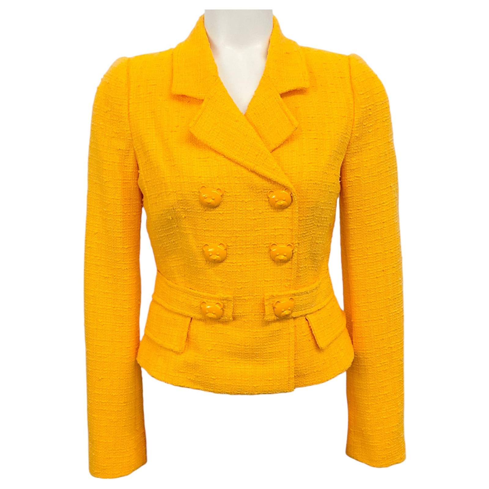 Gelbe doppelt knöpfbare Teddy-Jacke aus Tweed von Moschino Couture