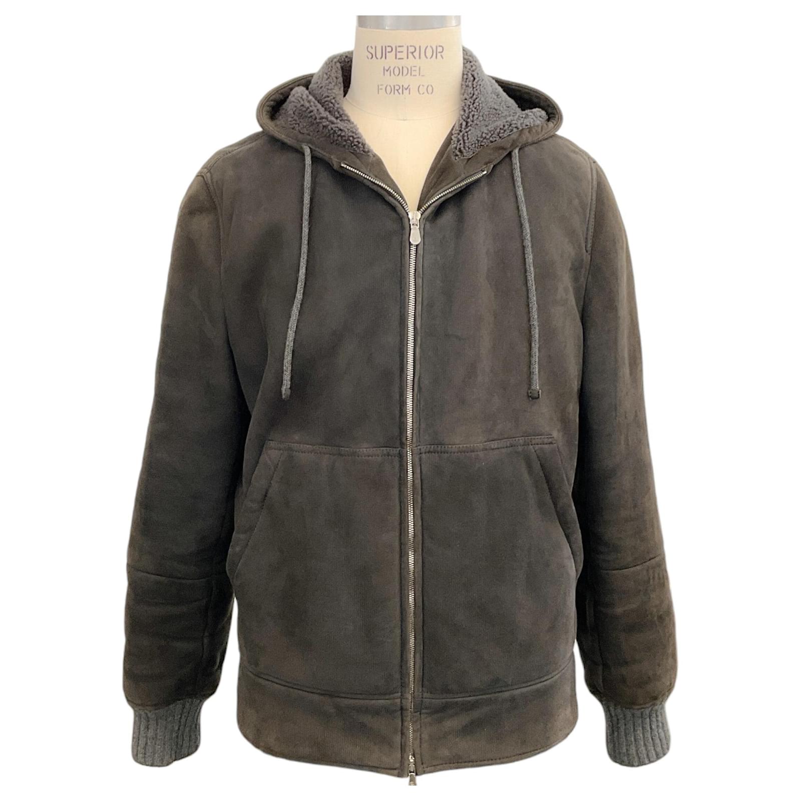 Giacca con cappuccio in shearling grigio per uomo Brunello