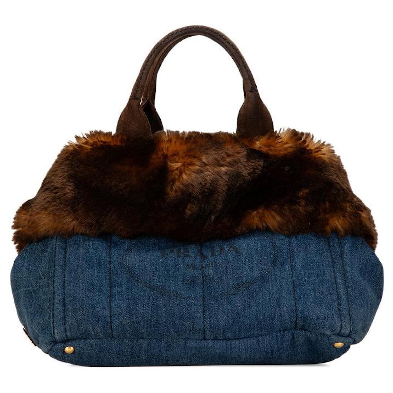 Prada Denim Faux Fur Suede Canapa L Handbag Blue