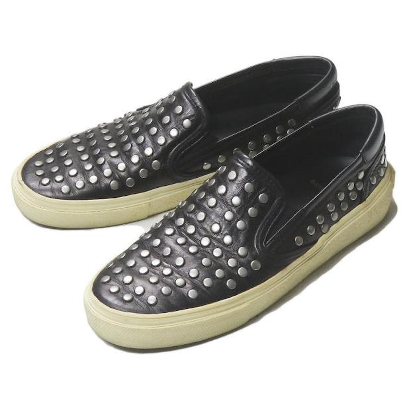 Yves Saint Laurent Silver Studded Leather Slip-On Shoes ref