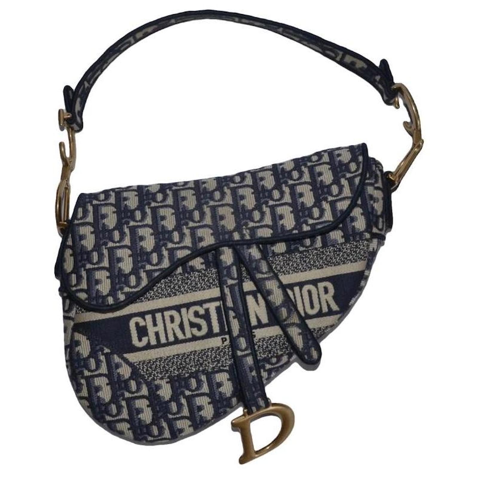 Bolso Christian Dior Saddle Beige Azul oscuro Gold hardware Lienzo