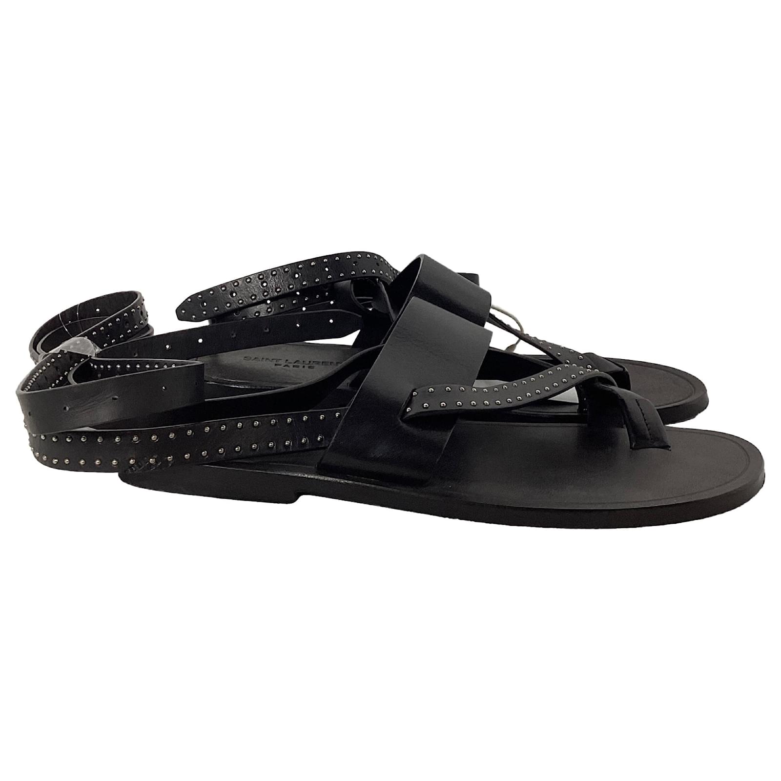Saint Laurent Culver Studded Flat Sandals in Black Calfskin