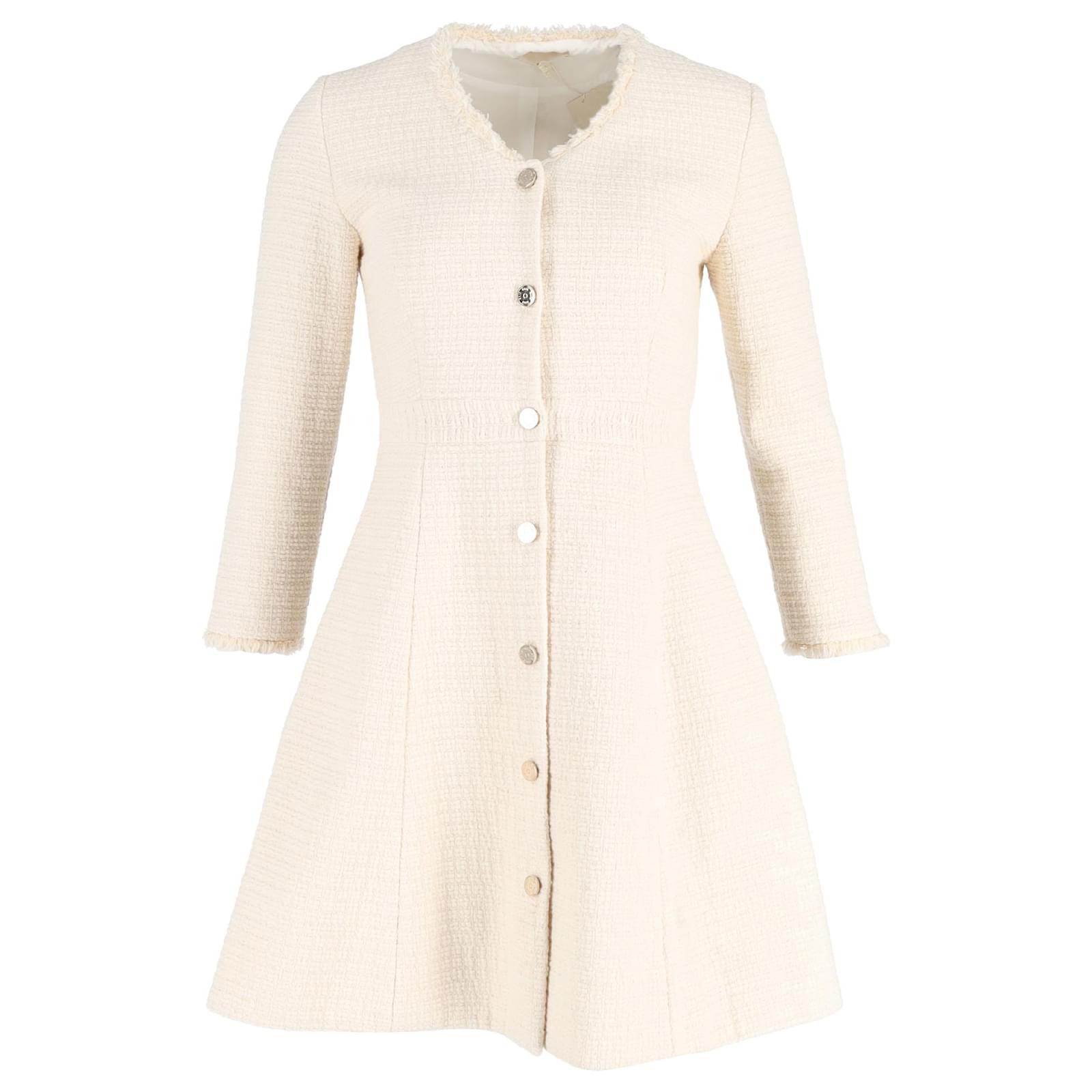 Robe mini à manches longues évasée Maje en tweed crème Laine Blanc