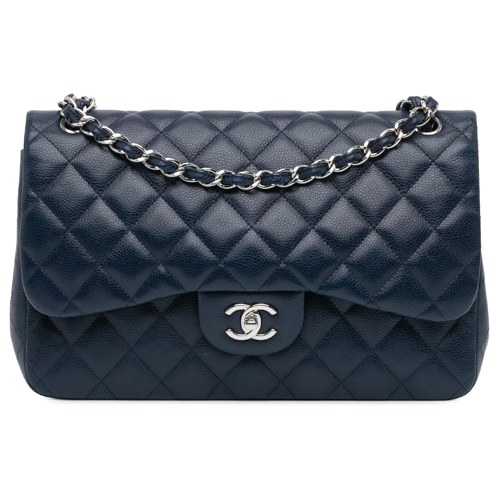 Chanel Blue Jumbo Classic Caviar Double Flap Dark blue Leather ref ...
