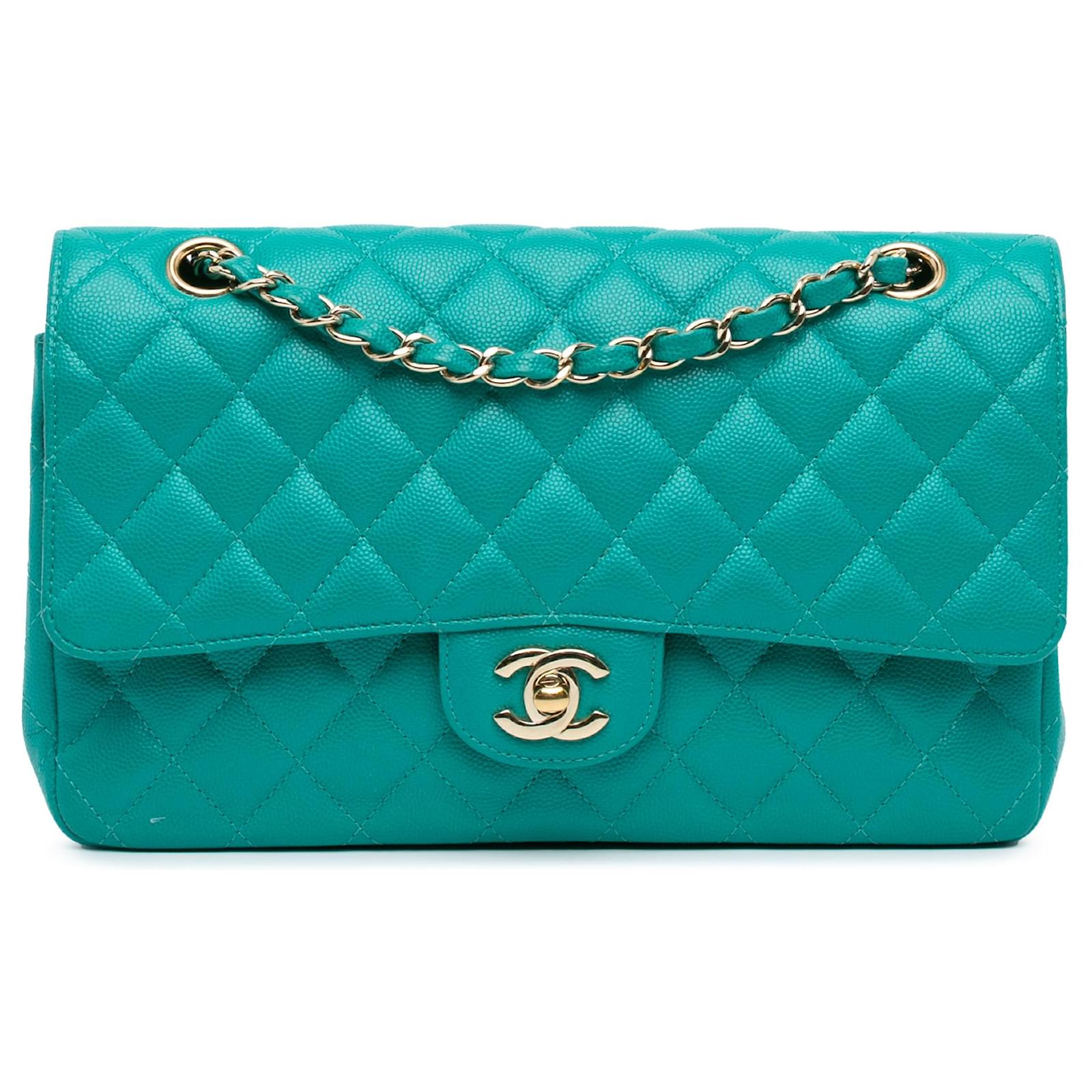 Chanel Blue Medium Classic Caviar Double Flap Turquoise Leather ref ...
