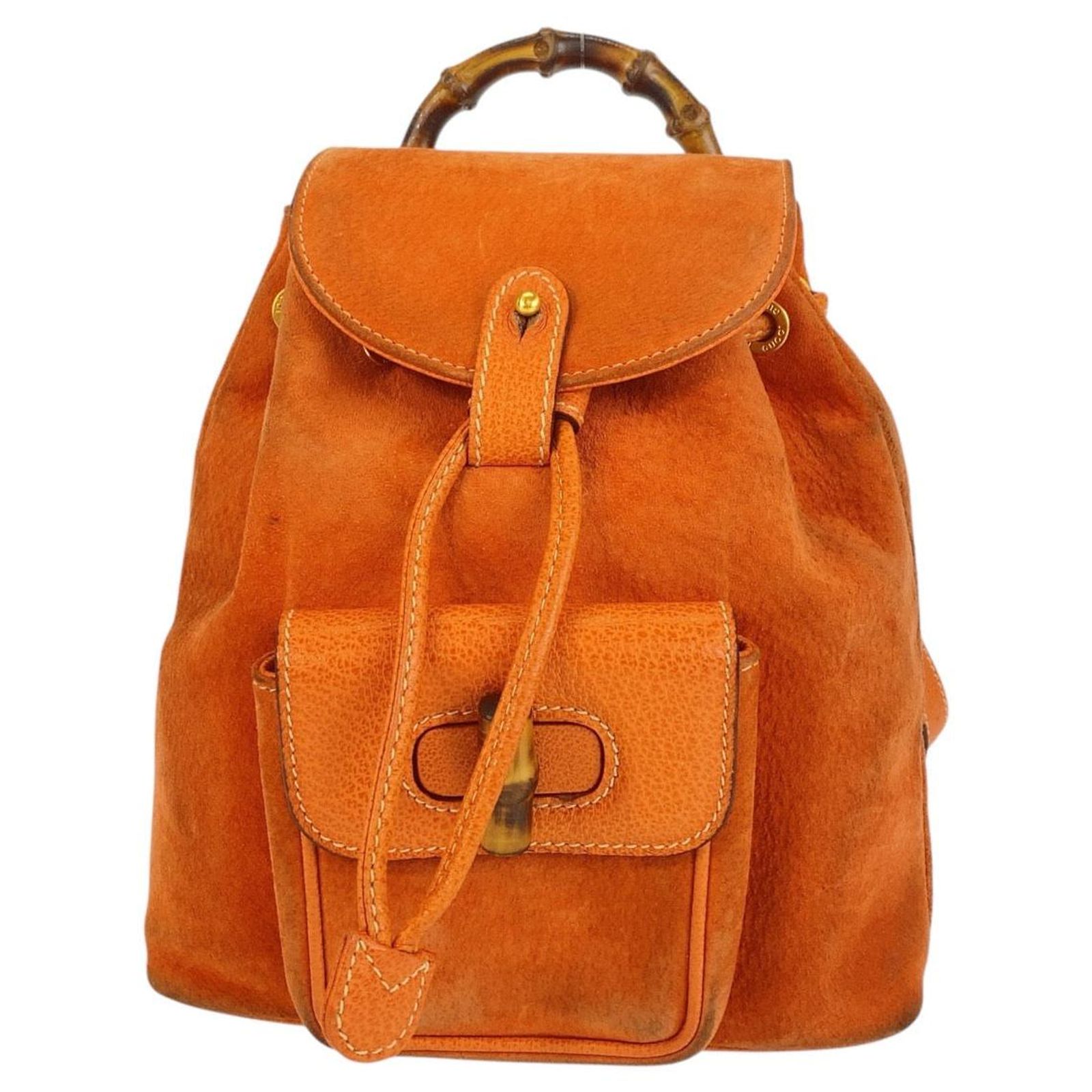 GUCCI Bamboo Backpack Suede Orange Gold 003 58 0030 Auth 159296 Gucci Suede Exterior Orange Bags & Handbags for Women for  main image 4