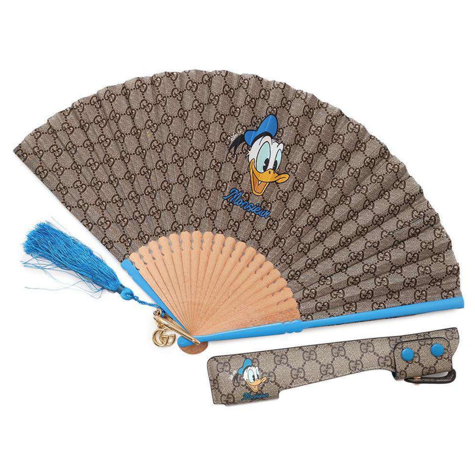 Gucci Disney Collaboration Folding Fan Brown Blue Silk Wood ref 