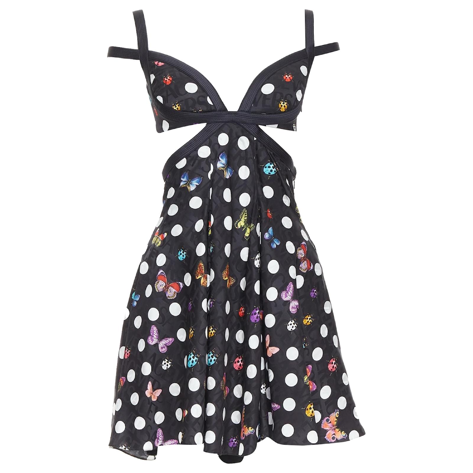 Vestido arnés de mariposa Versace Dua Lipa La Vacanza Runway Negro